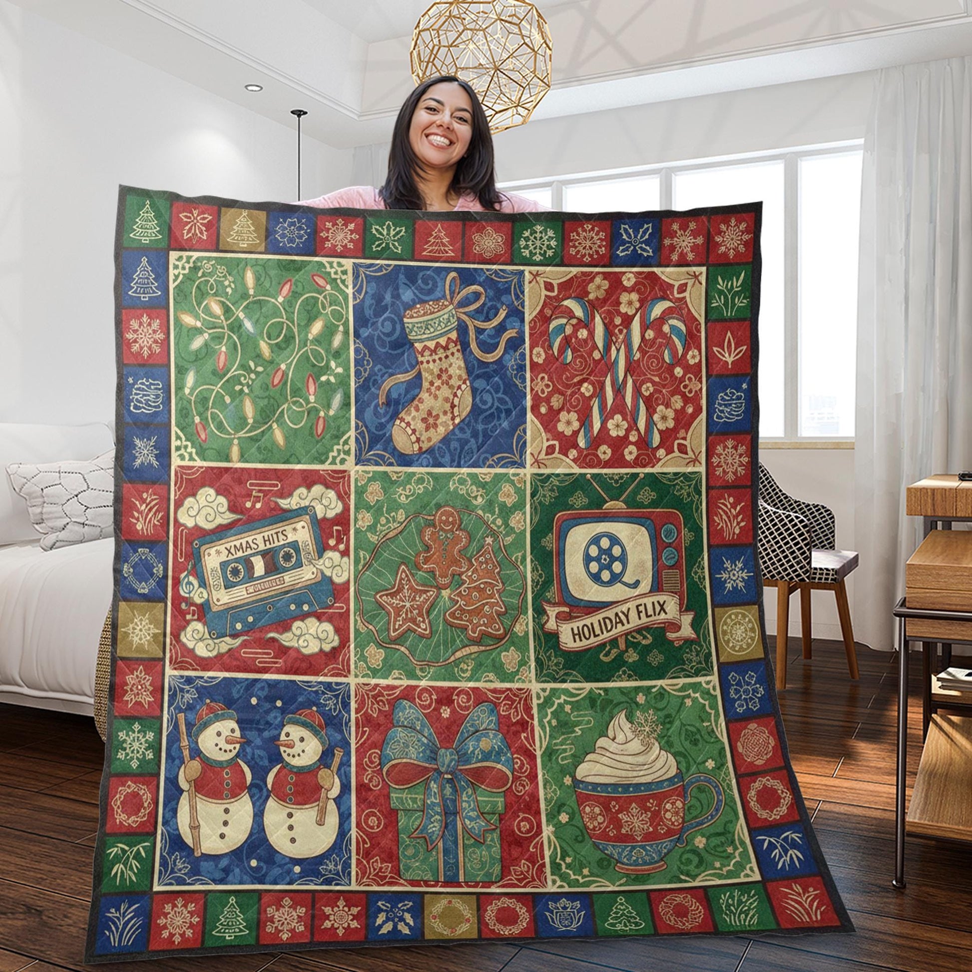 Christmas Quilt Blanket: Retro Holiday Theme, Vintage Patchwork Style, "Holiday Flix" Illustration image 6