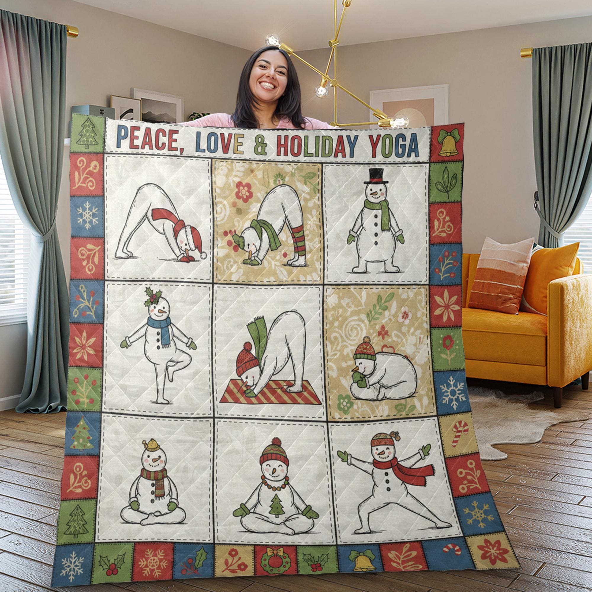 Yoga Quilt Blanket: "Peace Love Holiday Yoga" Slogan, Snowman Polar Bear, Christmas Patchwork Style image 2
