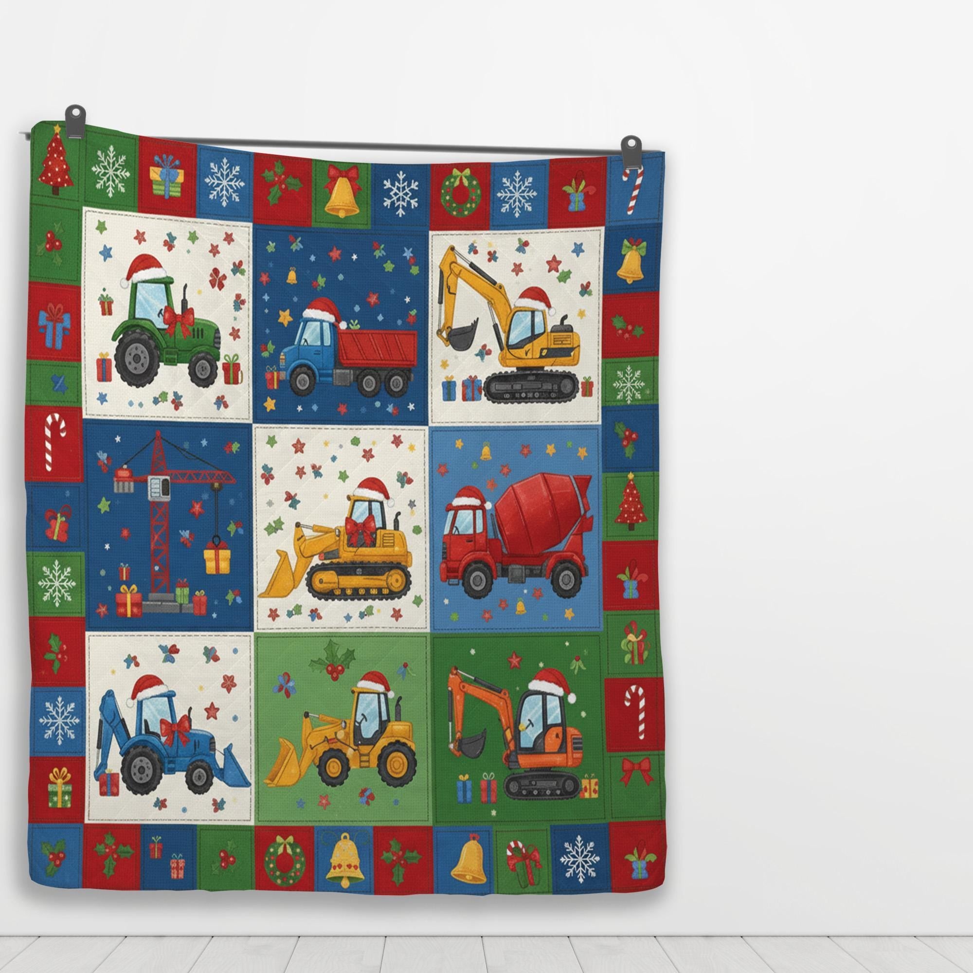 Construction Vehicle Quilt Blanket: Christmas Theme, Tractor Excavator, Patchwork Style image 5