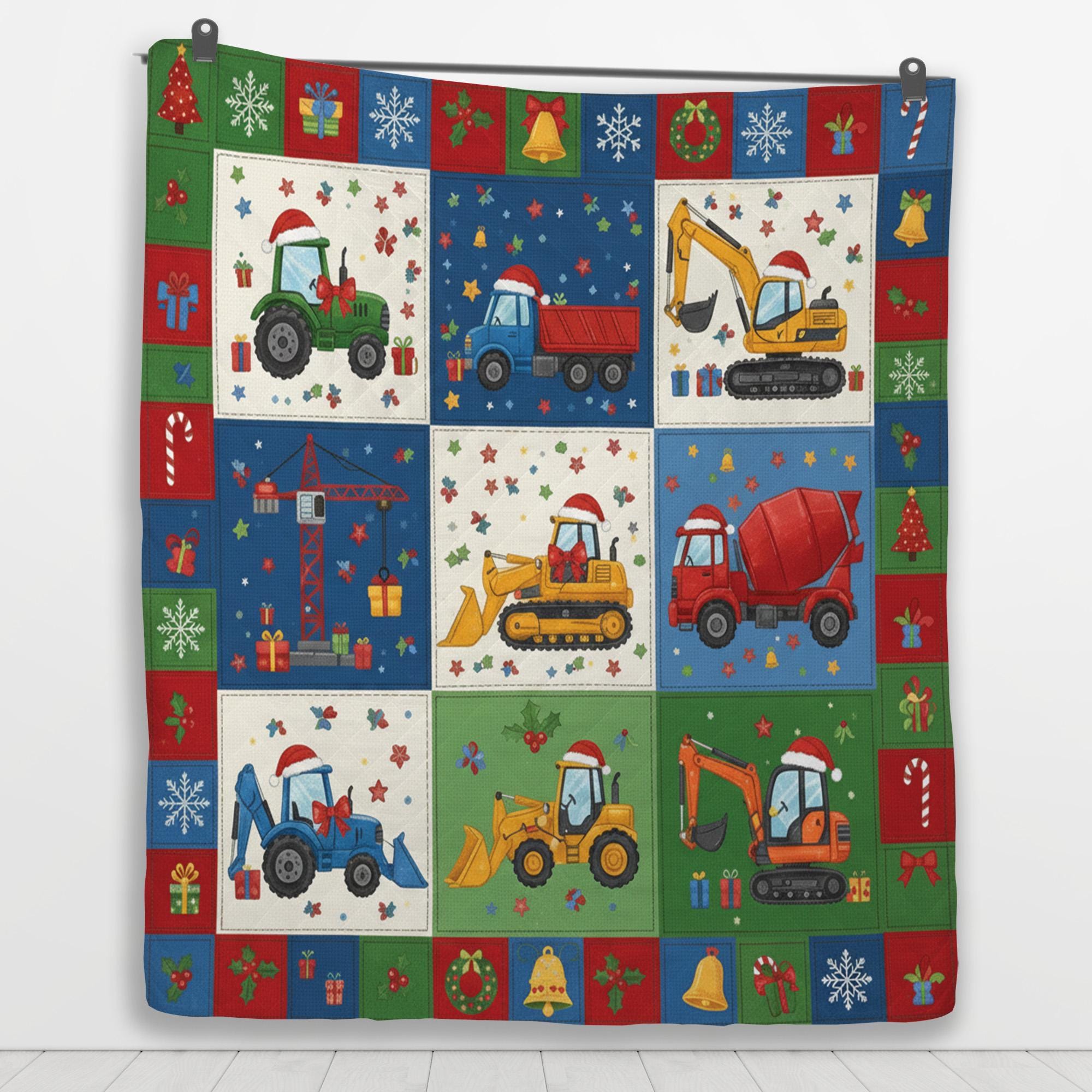 Construction Vehicle Quilt Blanket: Christmas Theme, Tractor Excavator, Patchwork Style image 6