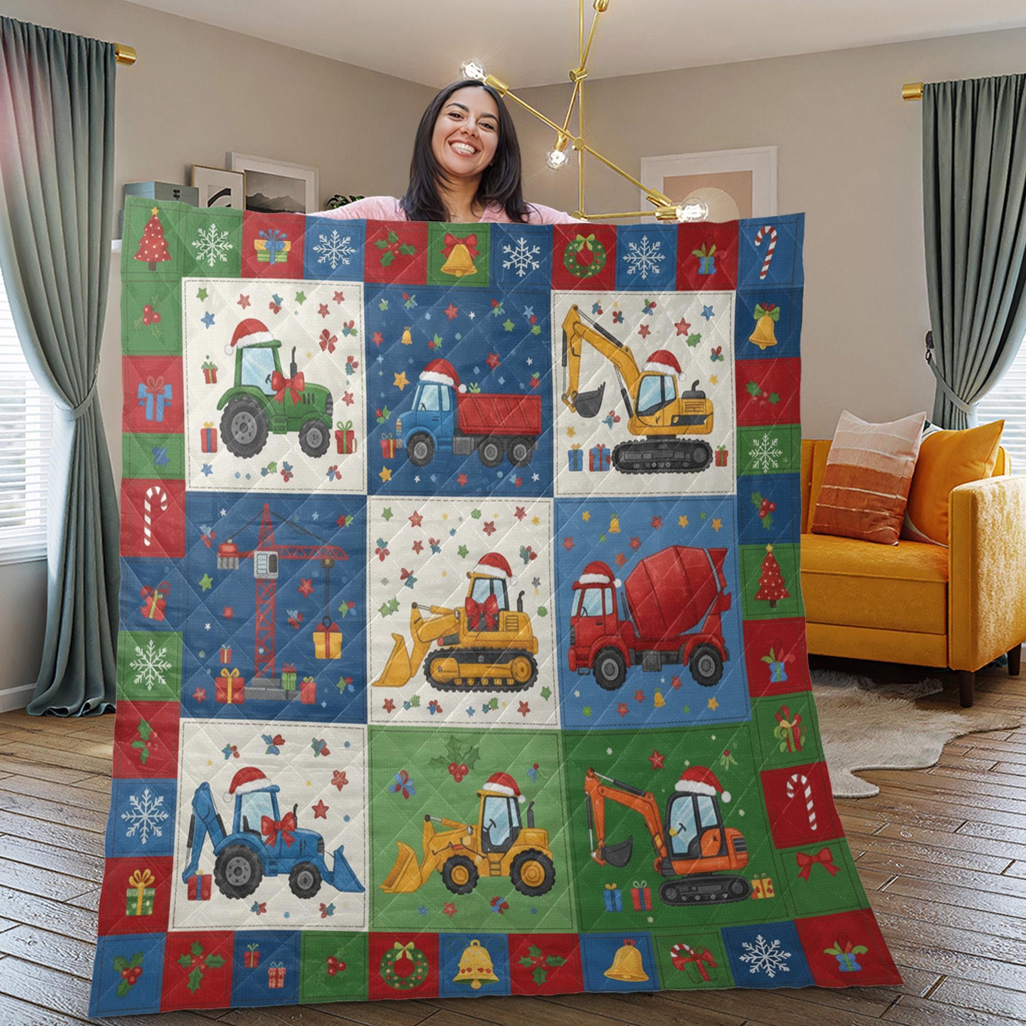 Construction Vehicle Quilt Blanket: Christmas Theme, Tractor Excavator, Patchwork Style image 3