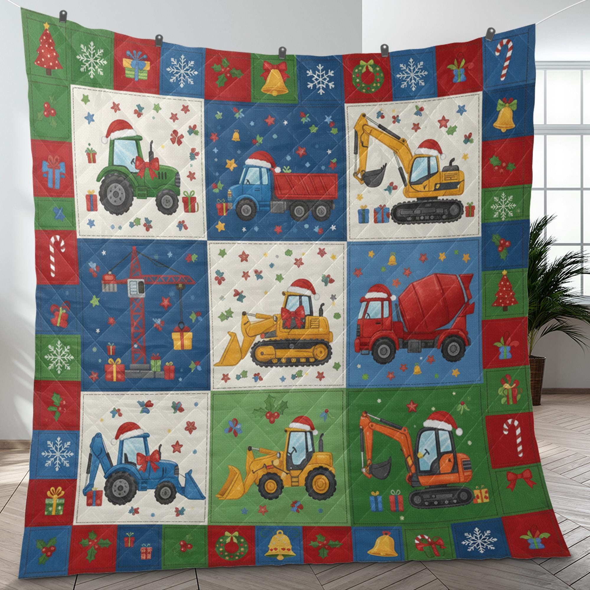 Construction Vehicle Quilt Blanket: Christmas Theme, Tractor Excavator, Patchwork Style image 2