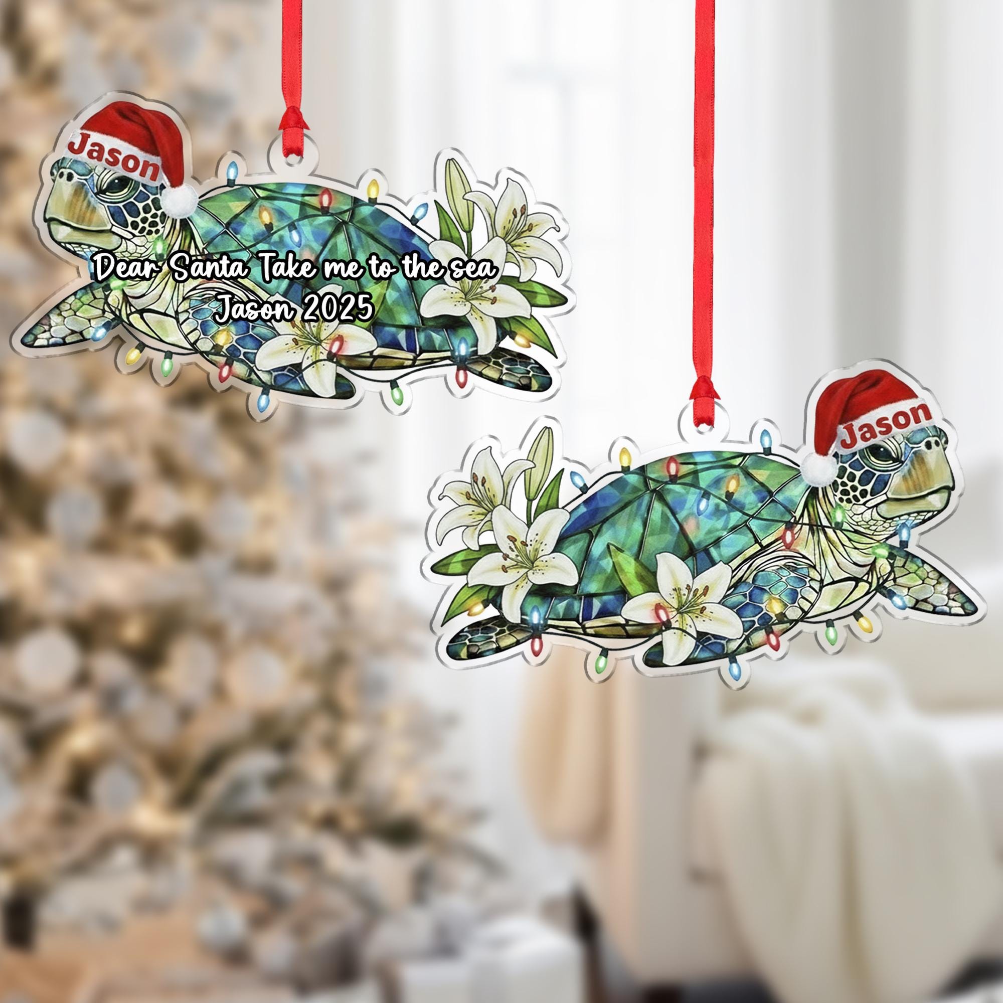 Personalized Acrylic Sea Turtle Ornament: Tree Decor, Custom Coastal Holiday Decoration