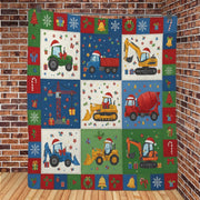 Construction Vehicle Quilt Blanket: Christmas Theme, Tractor Excavator, Patchwork Style image 1