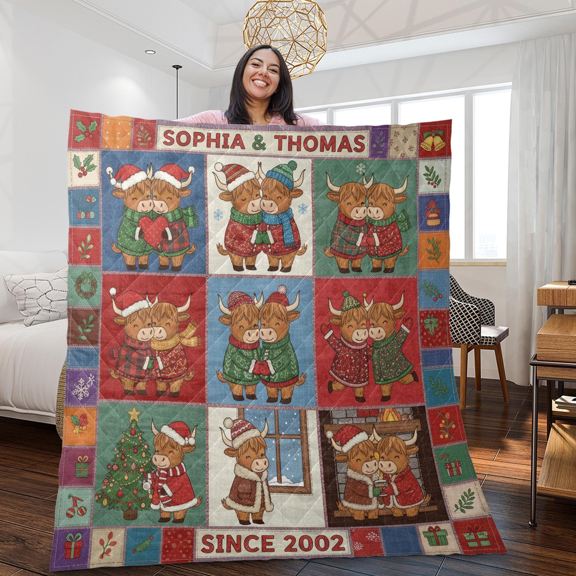 Personalized Highland Cow Quilt: Christmas Couple Theme, Patchwork Style, Custom Names image 2