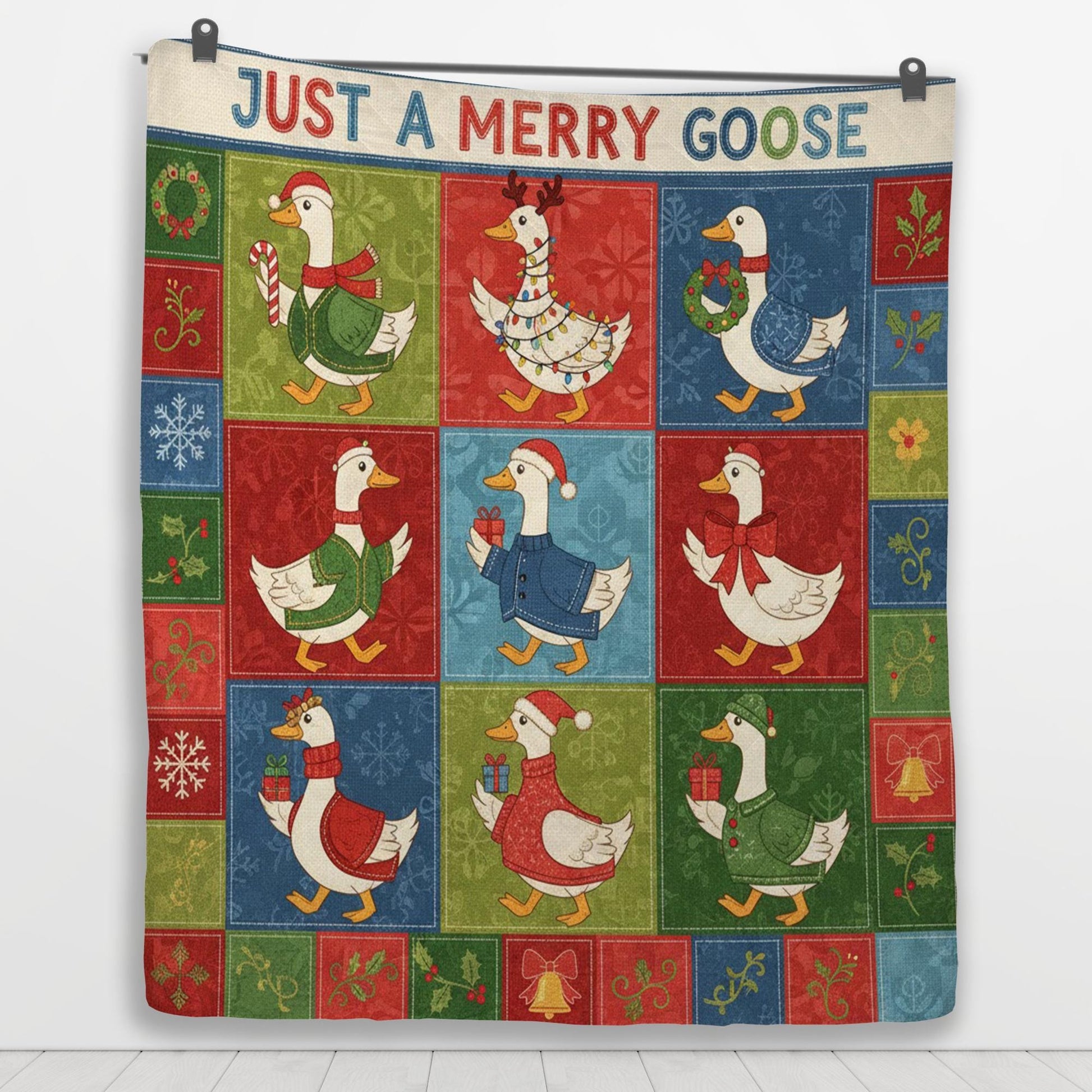 Goose Quilt Blanket: "Just a Merry Goose" Slogan, Christmas Theme, Patchwork Style image 4
