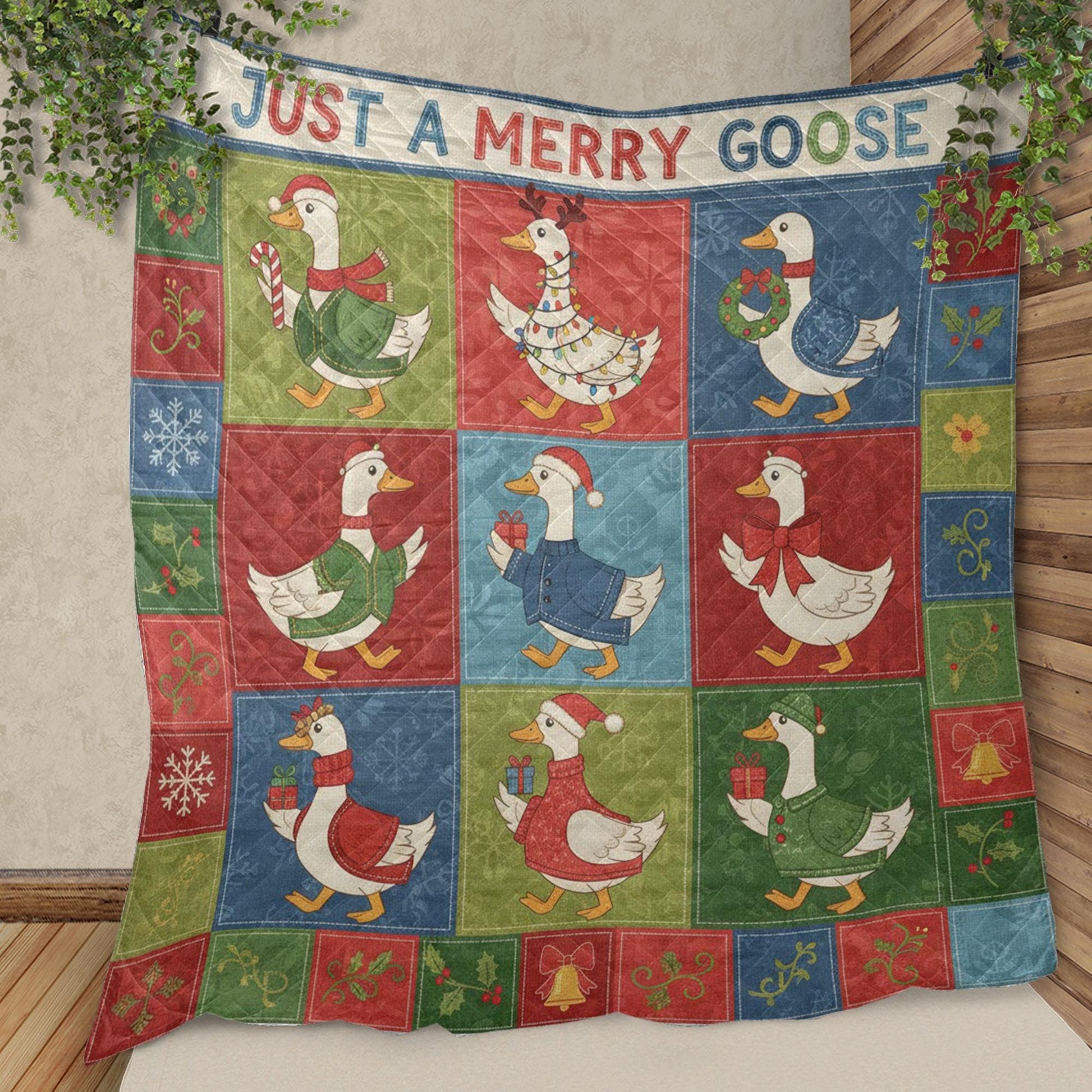 Goose Quilt Blanket: "Just a Merry Goose" Slogan, Christmas Theme, Patchwork Style image 6