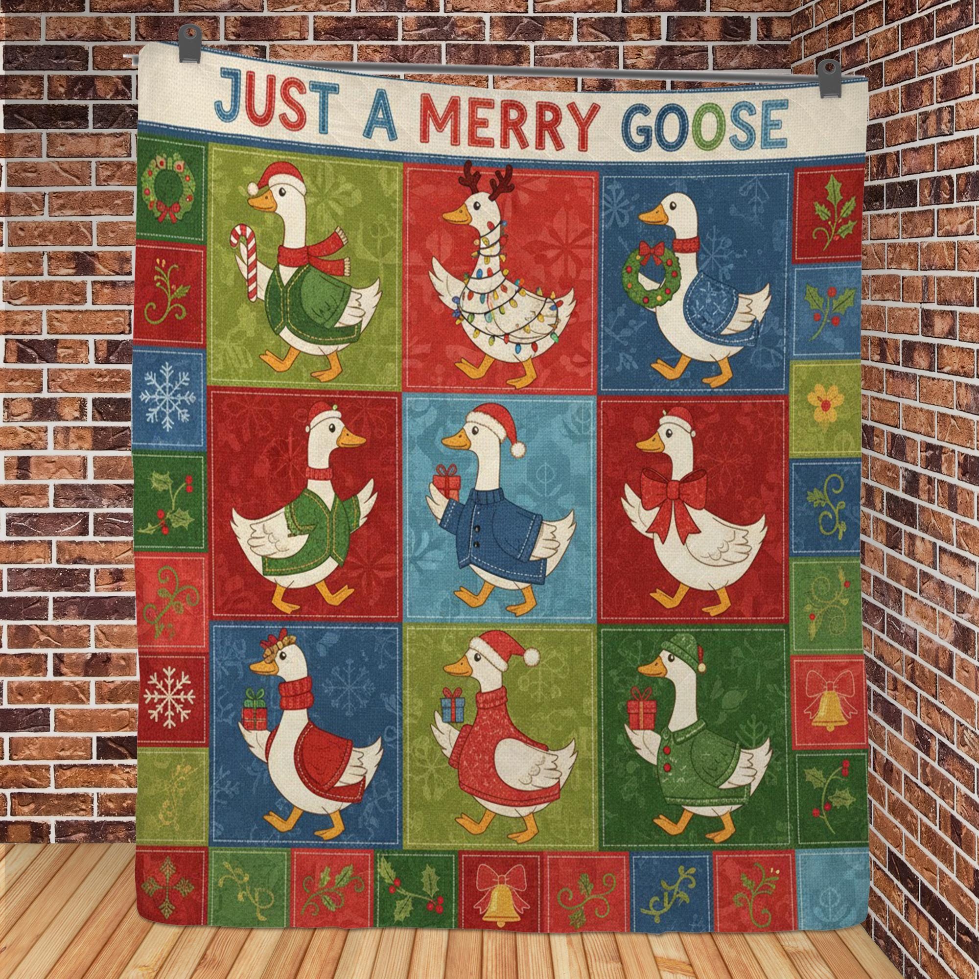 Goose Quilt Blanket: "Just a Merry Goose" Slogan, Christmas Theme, Patchwork Style image 3