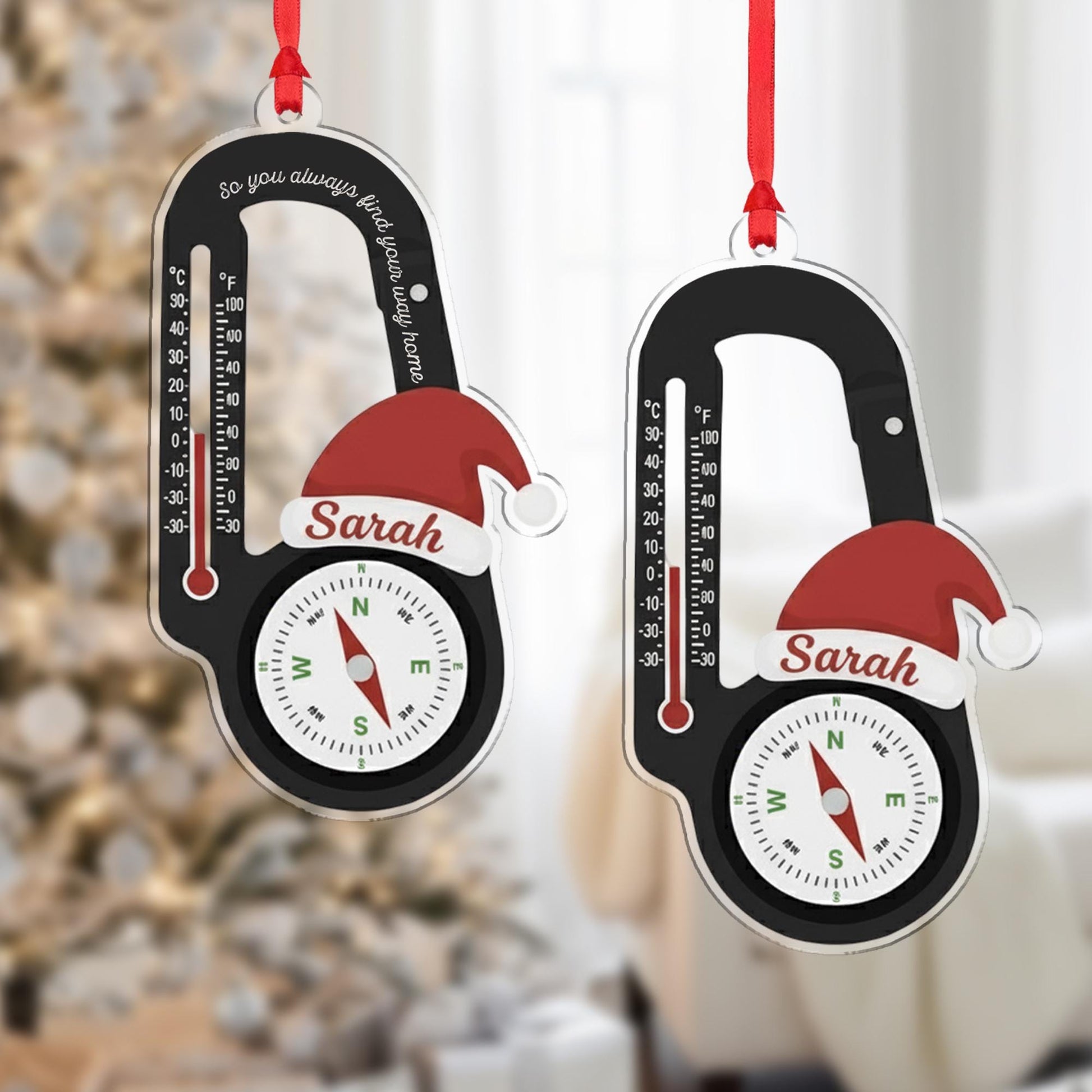 Personalized Acrylic Carabiner Ornament: Compass and Thermometer Tree Decor, Custom Hiker Holiday Decoration