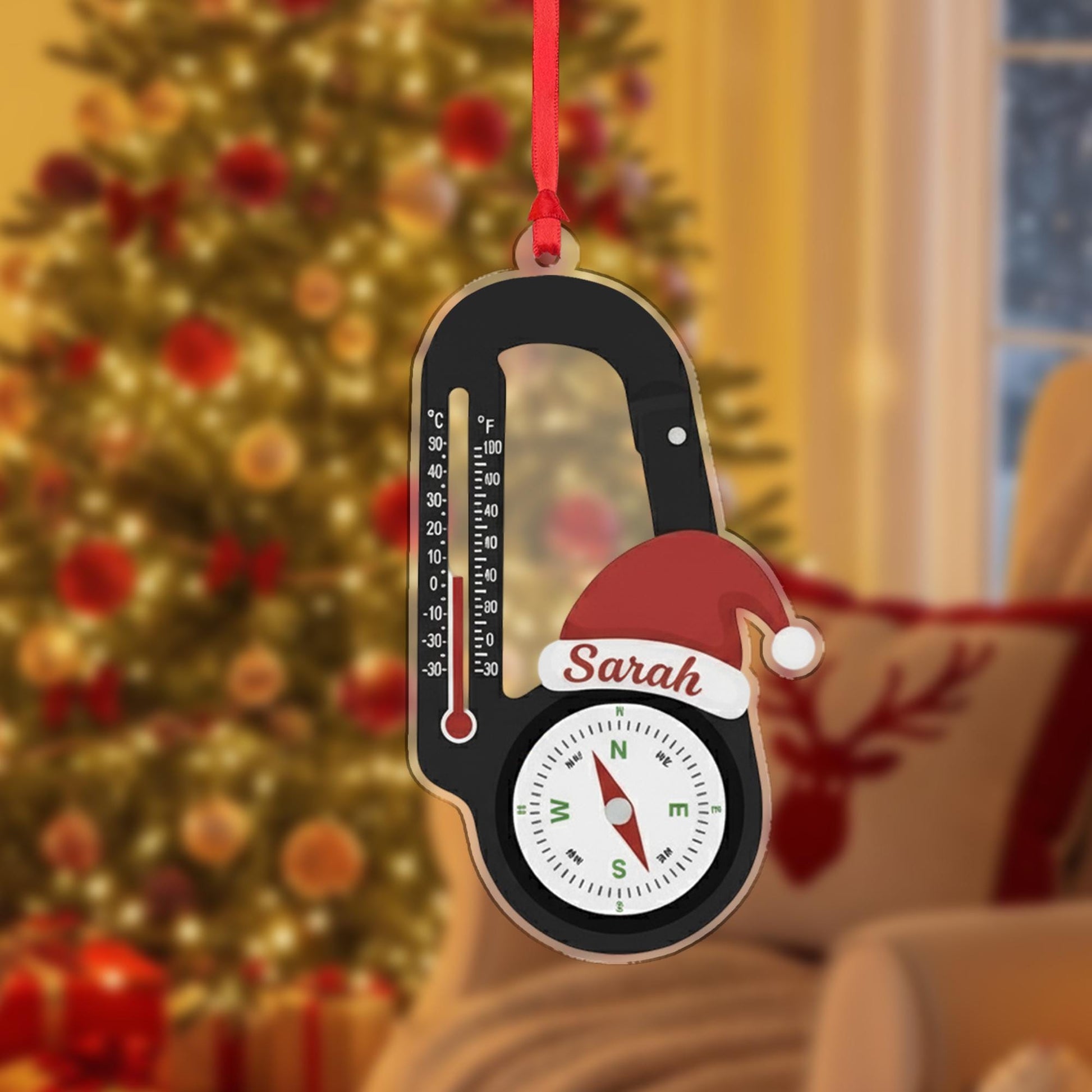 Personalized Acrylic Carabiner Ornament: Compass and Thermometer Tree Decor, Custom Hiker Holiday Decoration