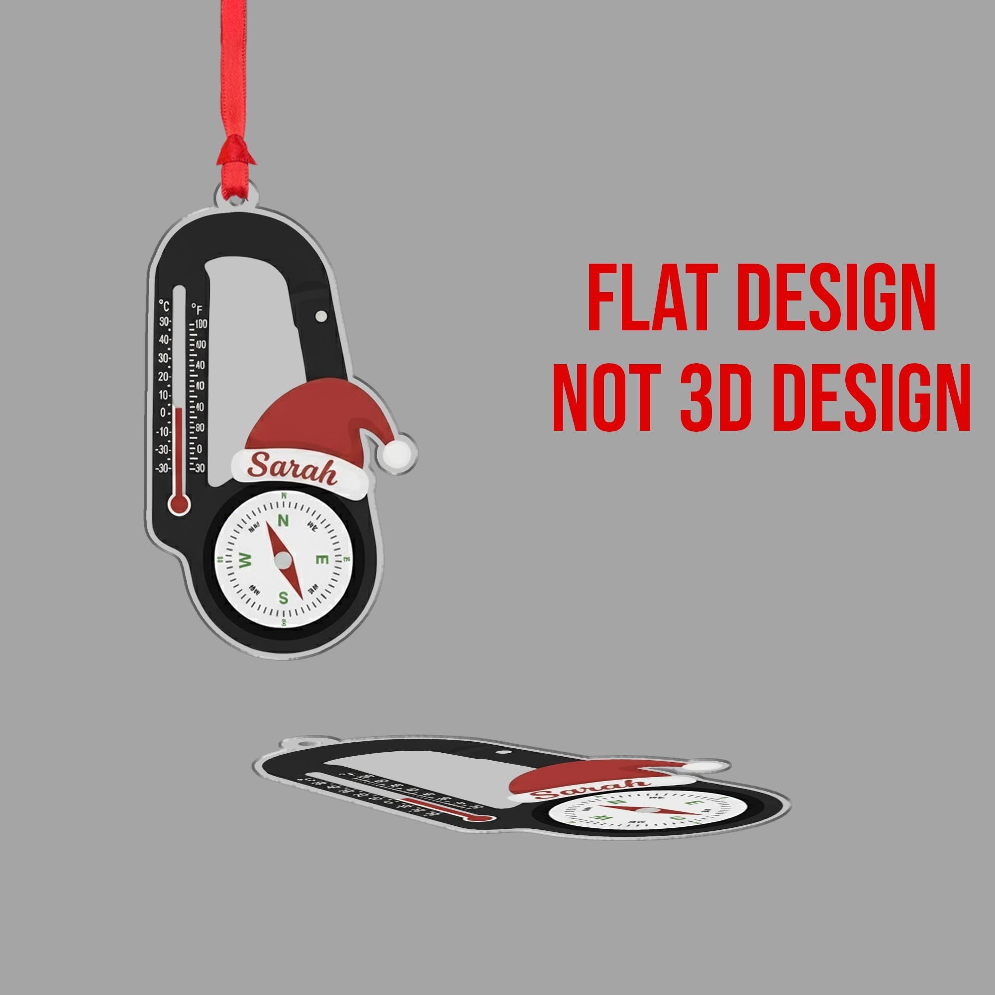 Personalized Acrylic Carabiner Ornament: Compass and Thermometer Tree Decor, Custom Hiker Holiday Decoration