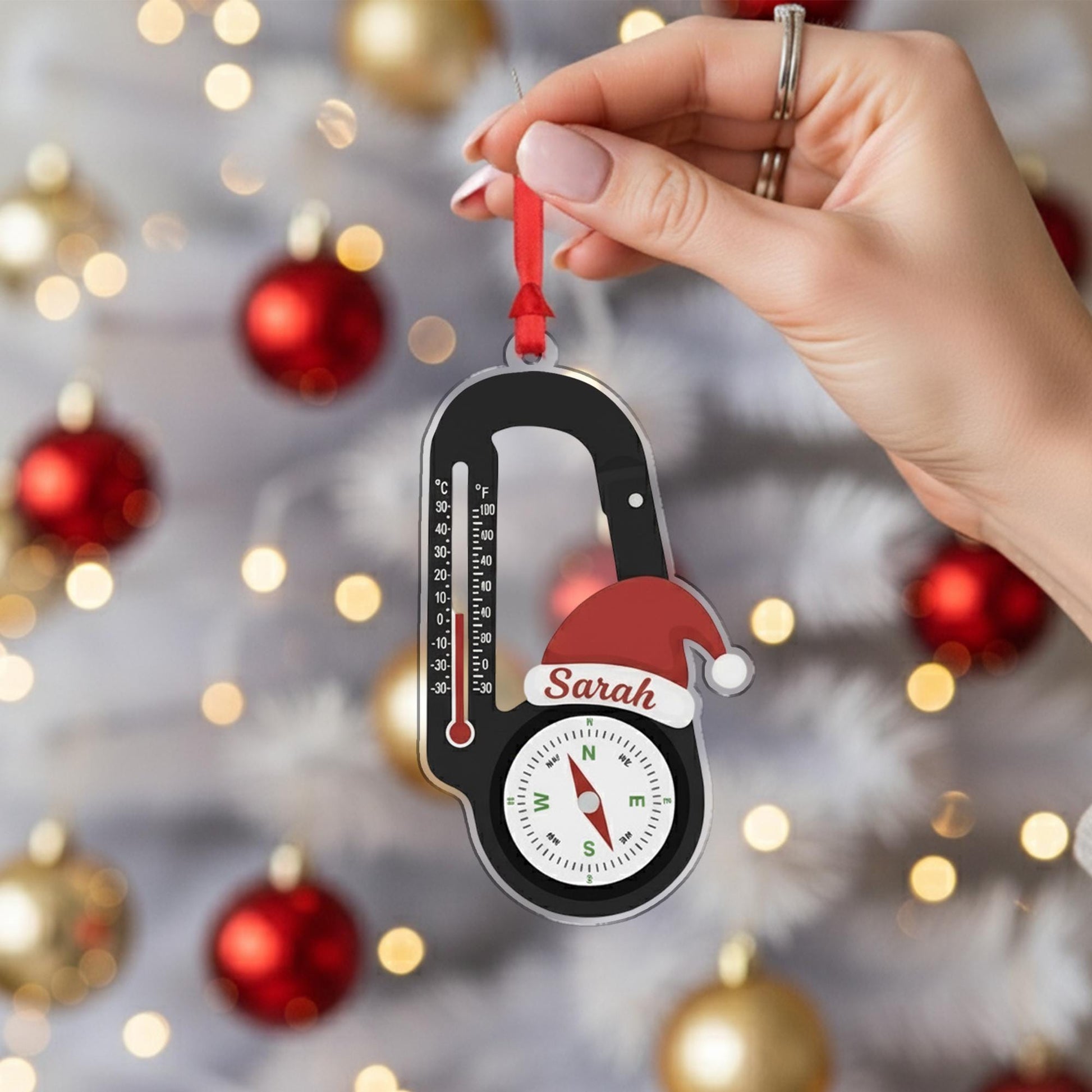 Personalized Acrylic Carabiner Ornament: Compass and Thermometer Tree Decor, Custom Hiker Holiday Decoration