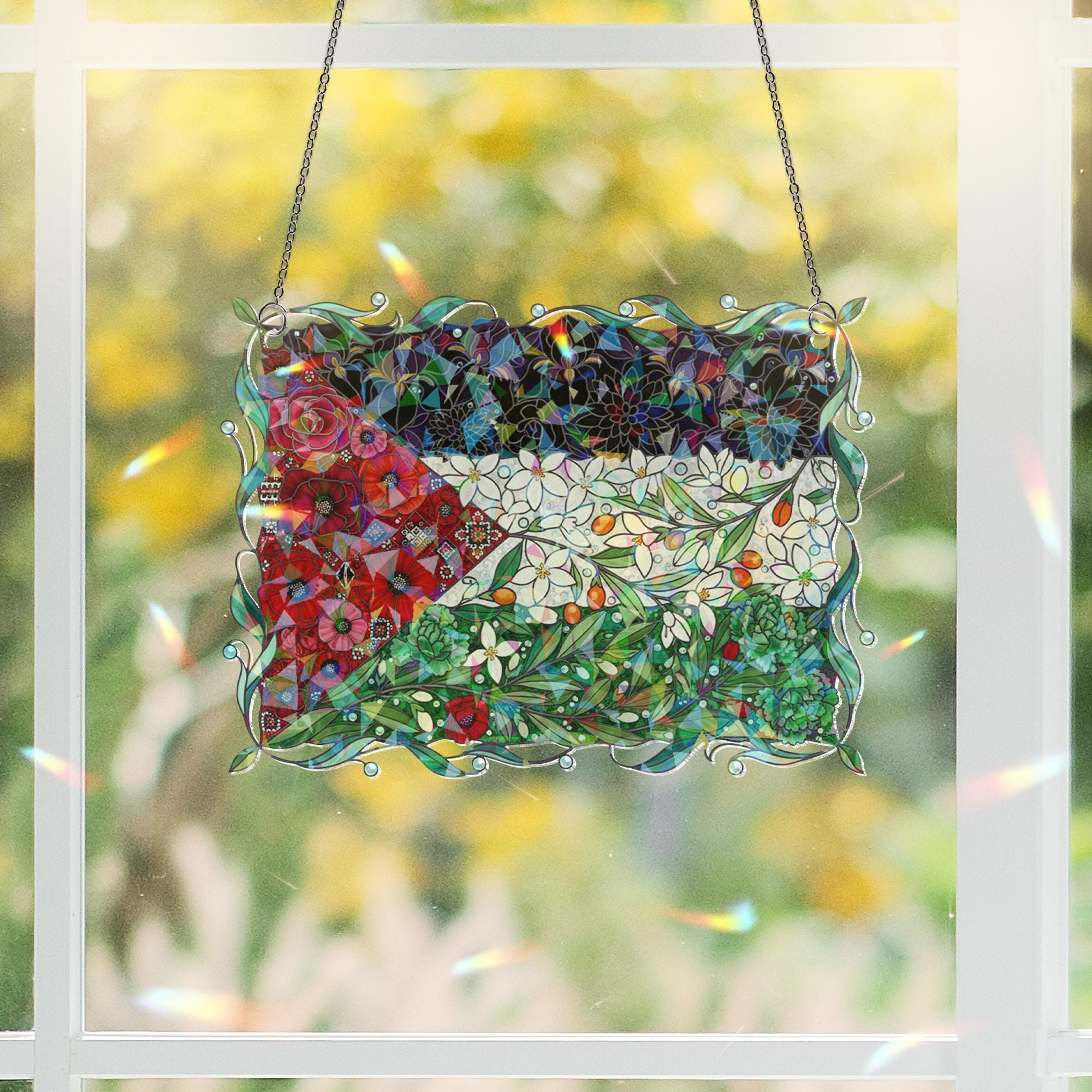 Floral Palestinian Flag Holographic Acrylic Suncatcher: Palestinian Window hanging image 3