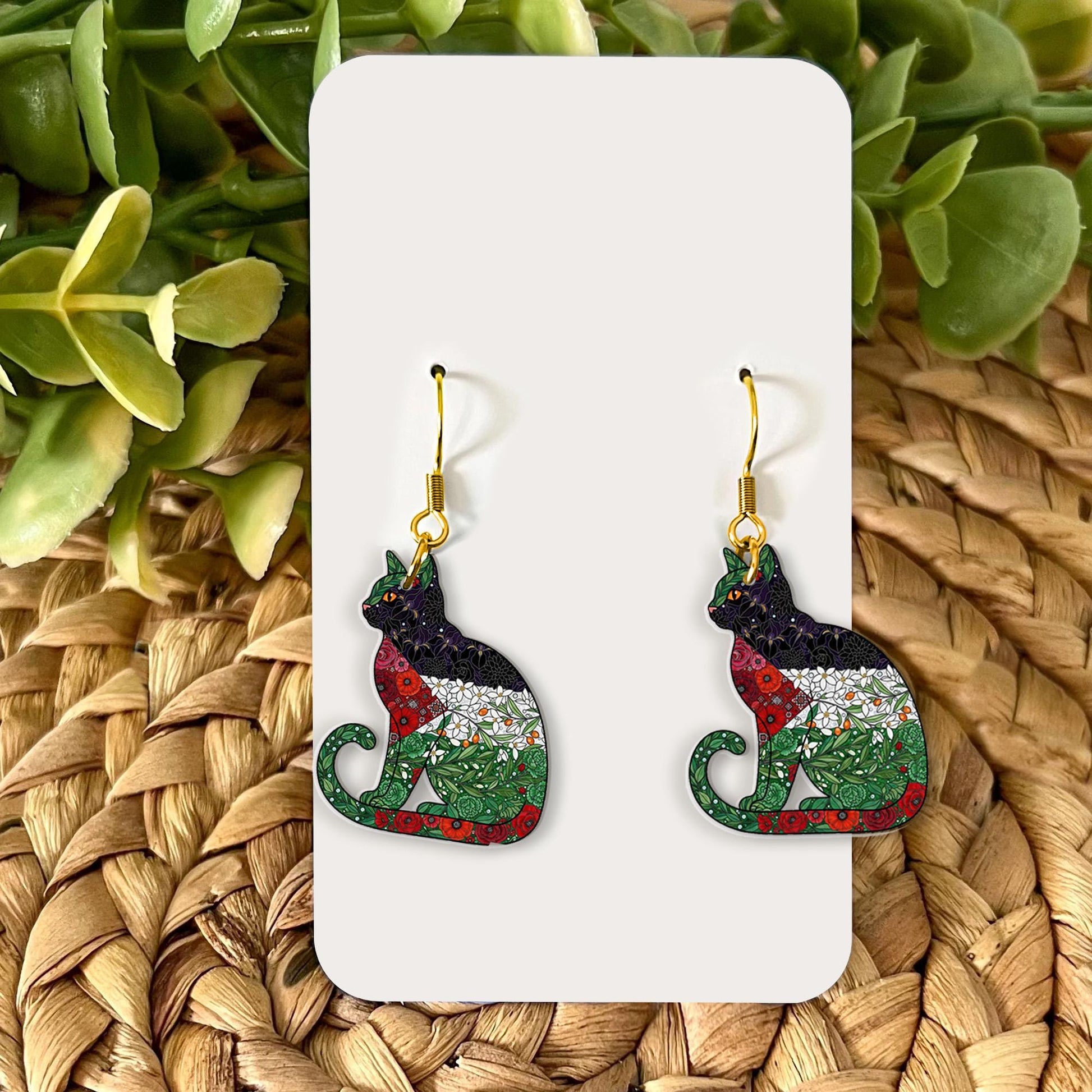 Floral Palestine Flag Cat Earrings: Acrylic Cat Mom Jewelry image 1