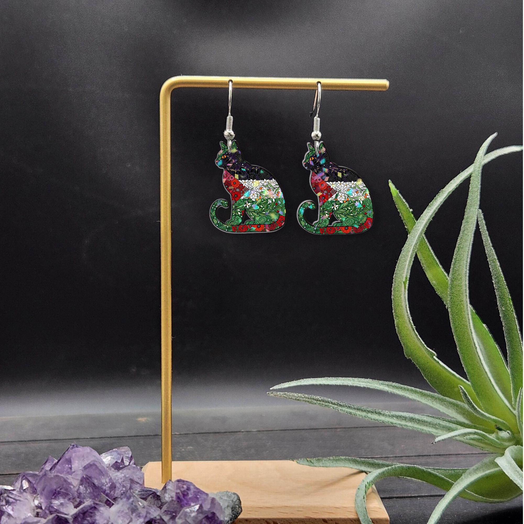 Floral Palestine Flag Cat Earrings: Acrylic Cat Mom Jewelry image 2