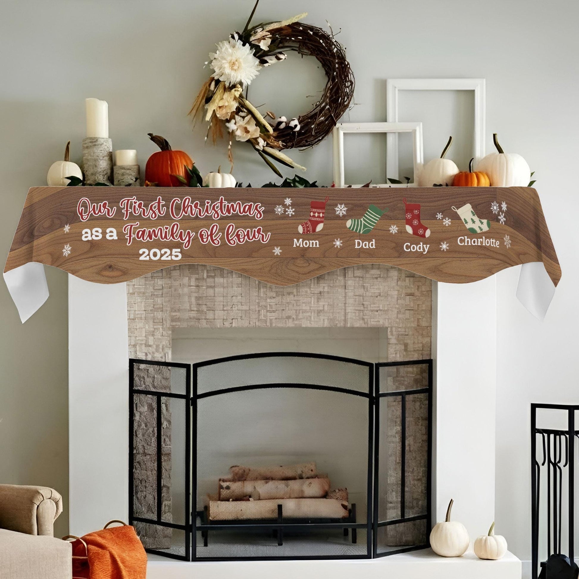Custom Fireplace Mantel Scarf: First Christmas as Family of Four, Personalized Stockings & Names image 5