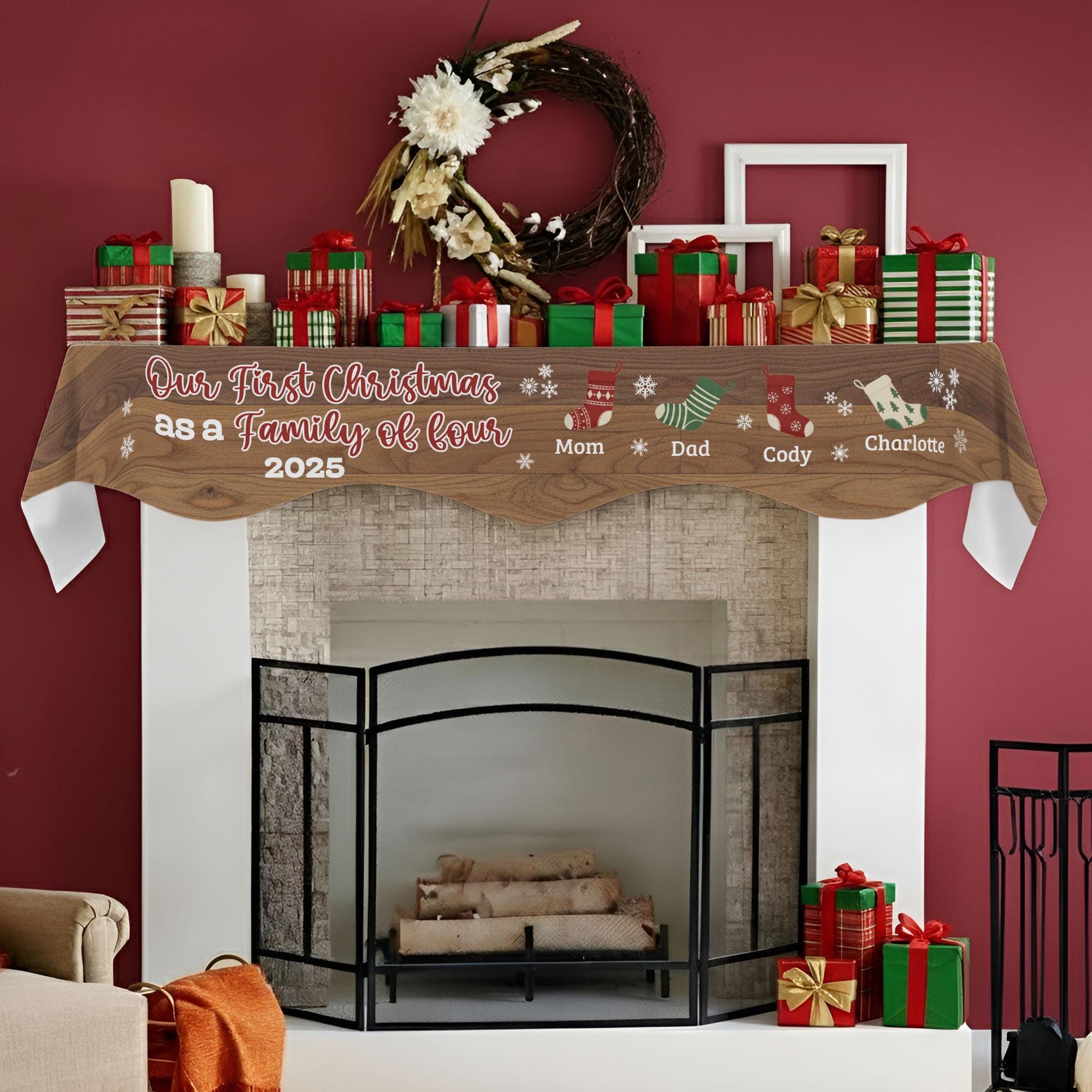Custom Fireplace Mantel Scarf: First Christmas as Family of Four, Personalized Stockings & Names image 3