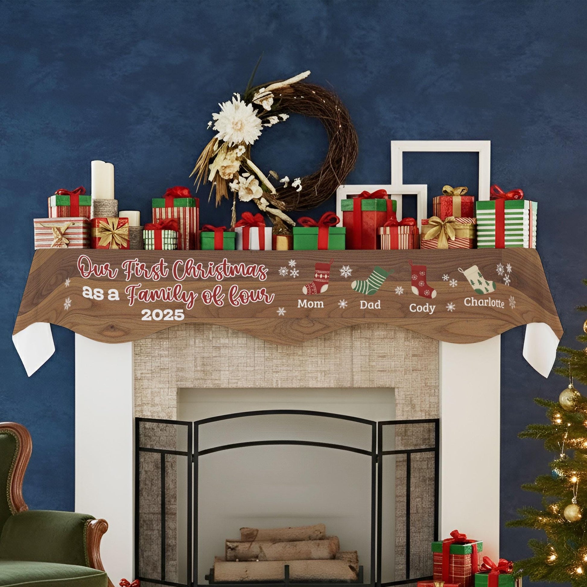 Custom Fireplace Mantel Scarf: First Christmas as Family of Four, Personalized Stockings & Names image 4
