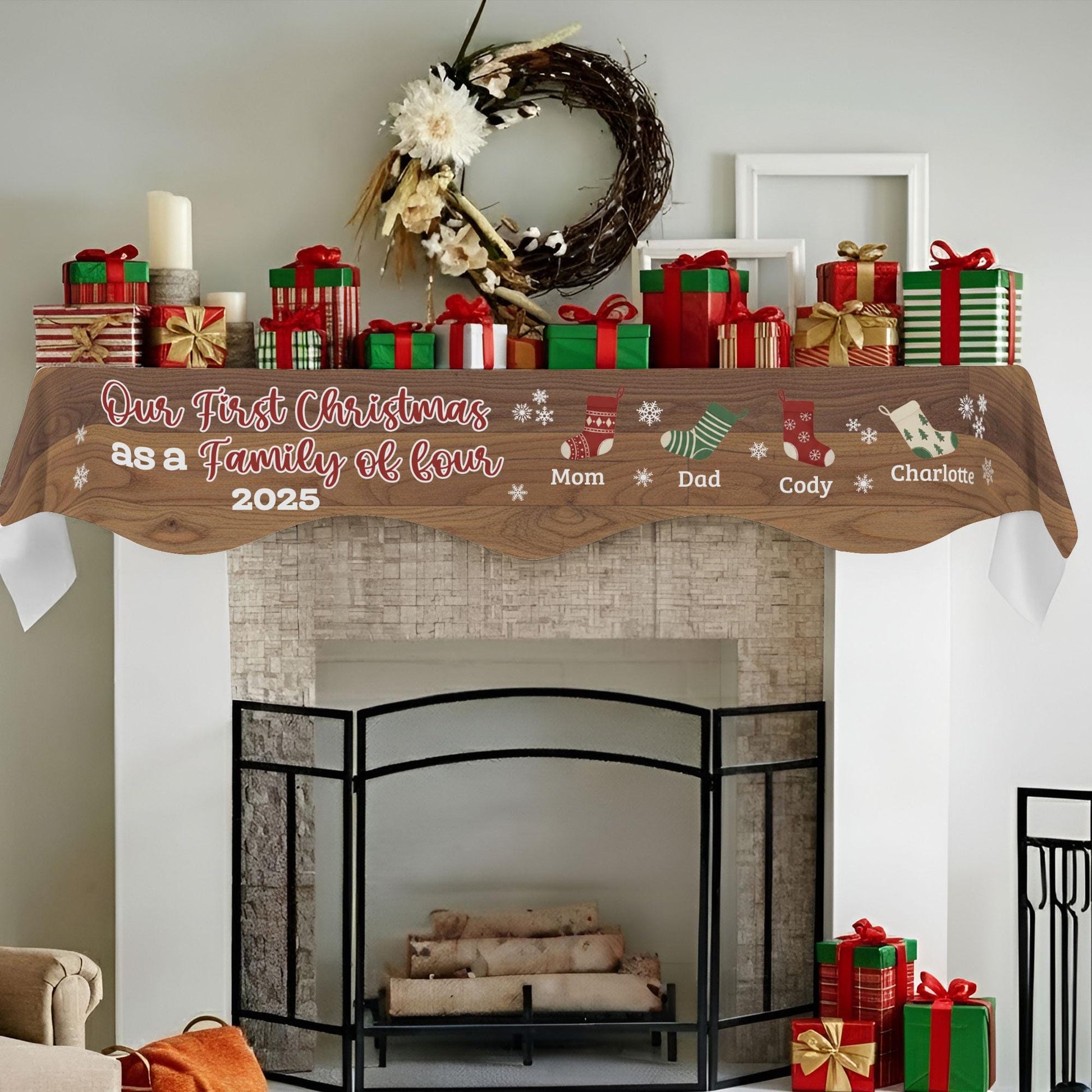 Custom Fireplace Mantel Scarf: First Christmas as Family of Four, Personalized Stockings & Names image 1