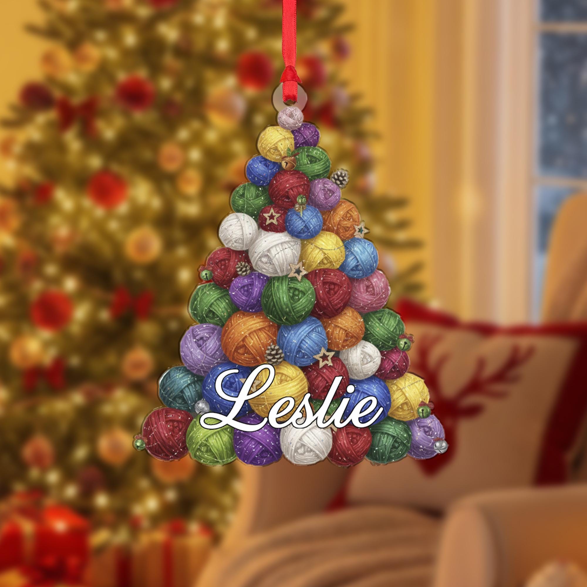 Personalized Yarn Ball Ornament: 2D Flat Christmas Tree Design, Custom Name Knitting Decoration image 2