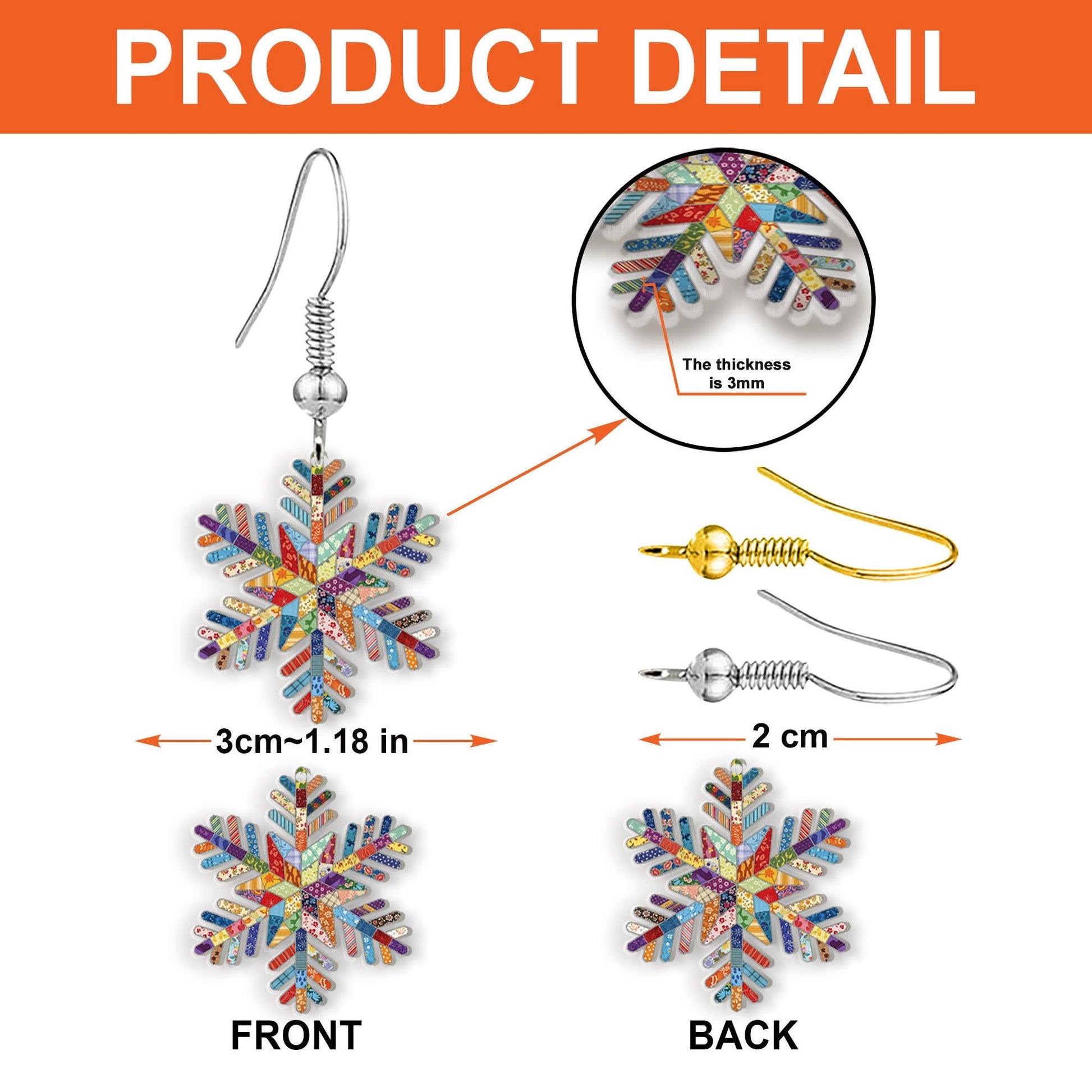 Faux Patchwork Snowflake Earrings: Acrylic Winter Jewelry, Colorful Pattern Design, Lightweight Holiday Accessory image 3