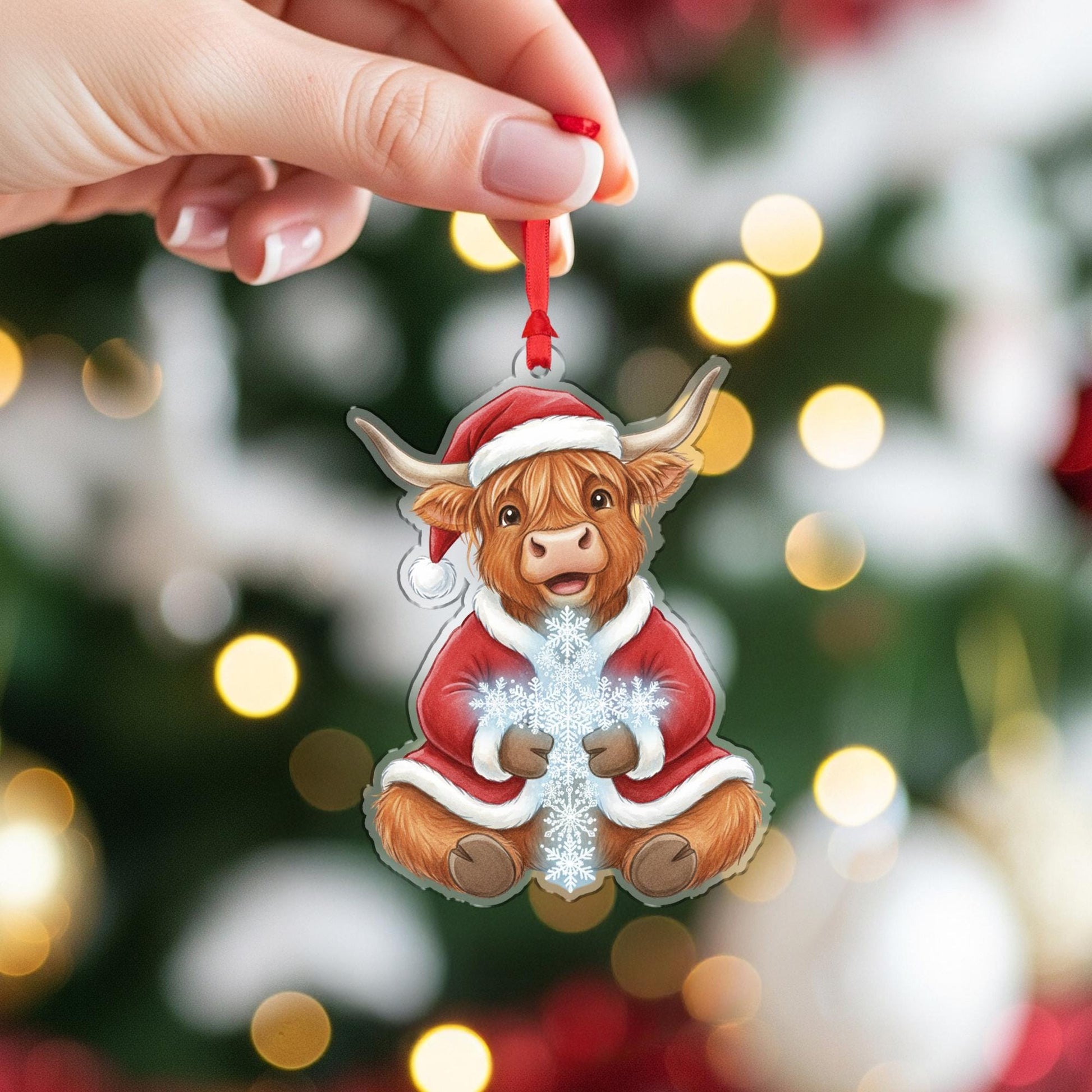 Highland Cow Ornament – Santa Suit Christmas Tree Decoration, Farm Animal Holiday Acrylic Ornament