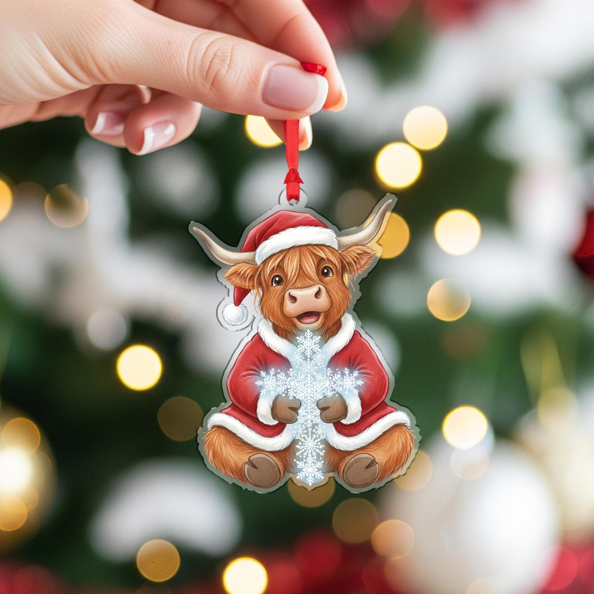 Highland Cow Ornament – Santa Suit Christmas Tree Decoration, Farm Animal Holiday Acrylic Ornament