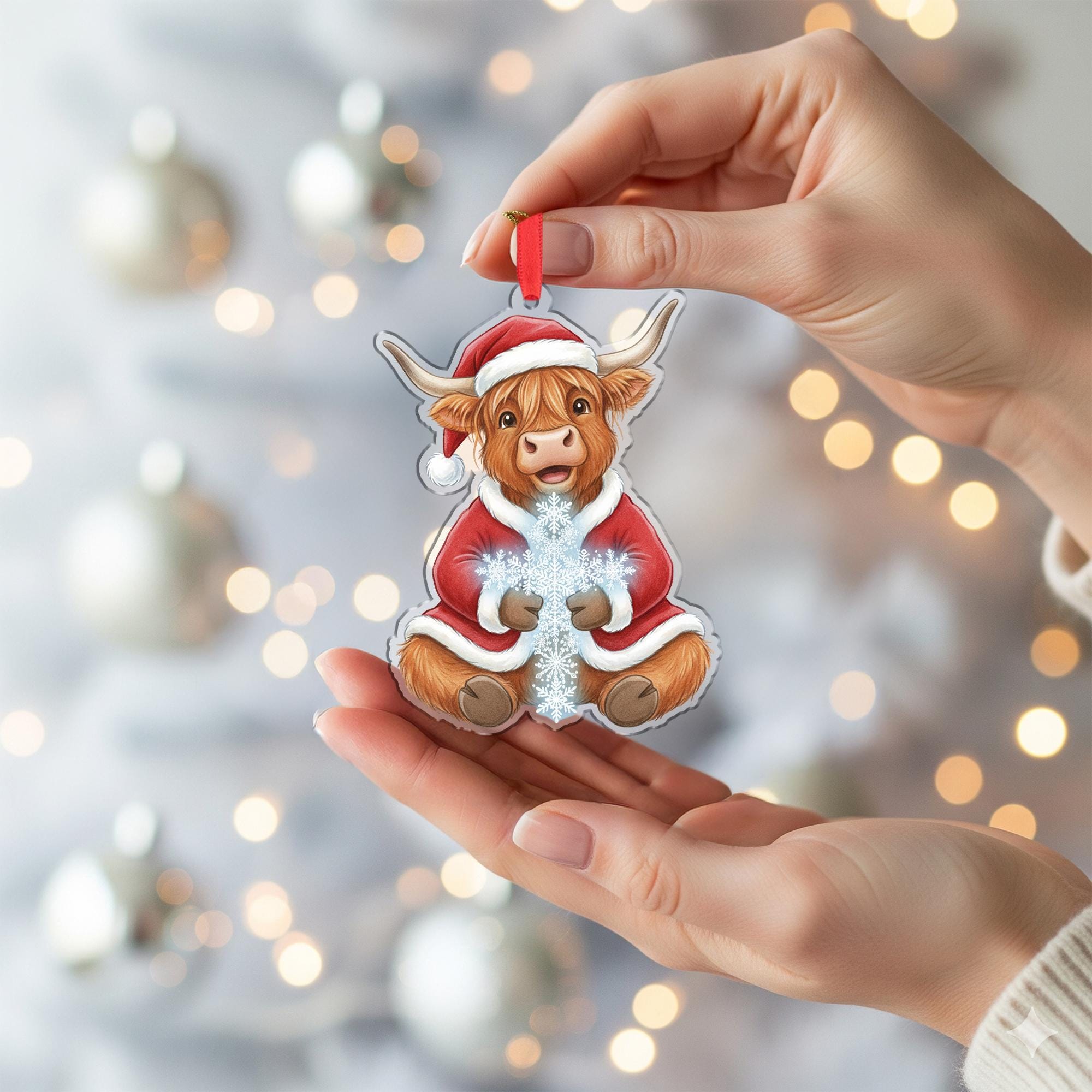 Highland Cow Ornament – Santa Suit Christmas Tree Decoration, Farm Animal Holiday Acrylic Ornament