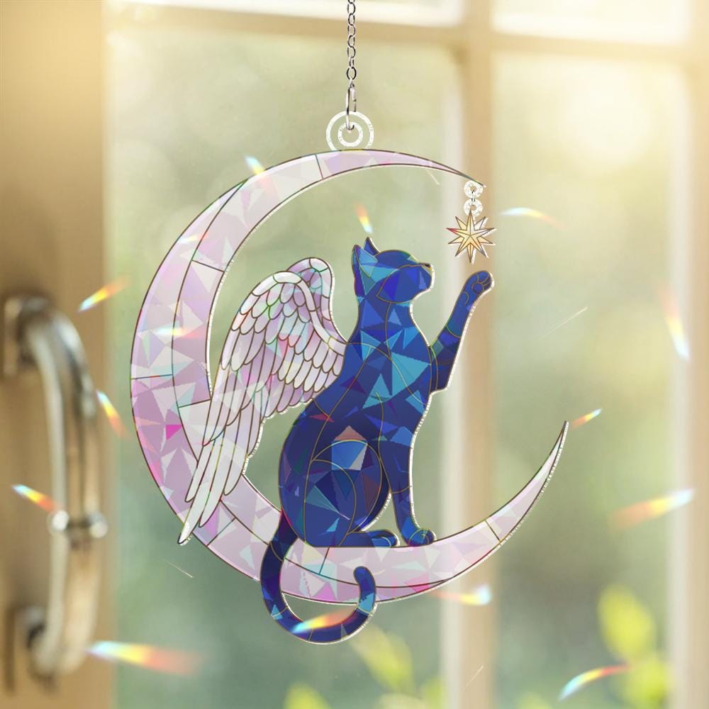 Angel Cat Memorial Window Hanging – Celestial Moon Suncatcher Pet Loss Gift image 2