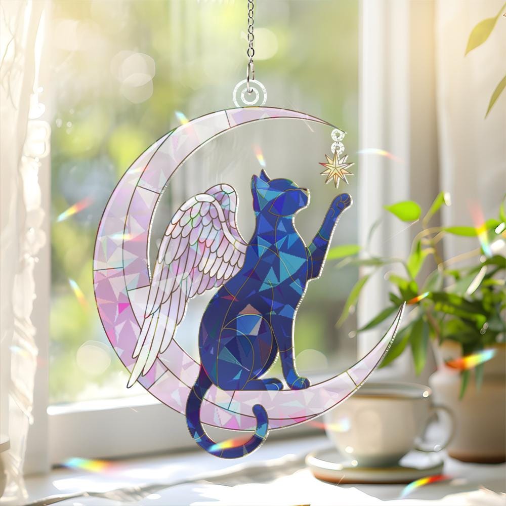 Angel Cat Memorial Window Hanging – Celestial Moon Suncatcher Pet Loss Gift image 3