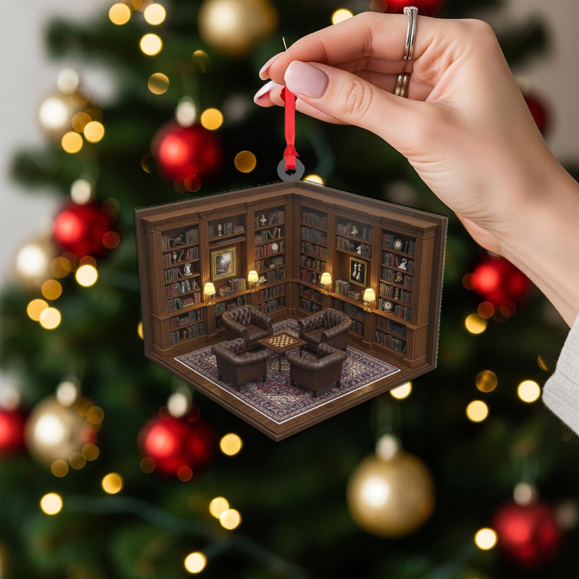 Library Room Ornament – Book Lover Christmas Tree Decoration, Mini Study Acrylic Ornament