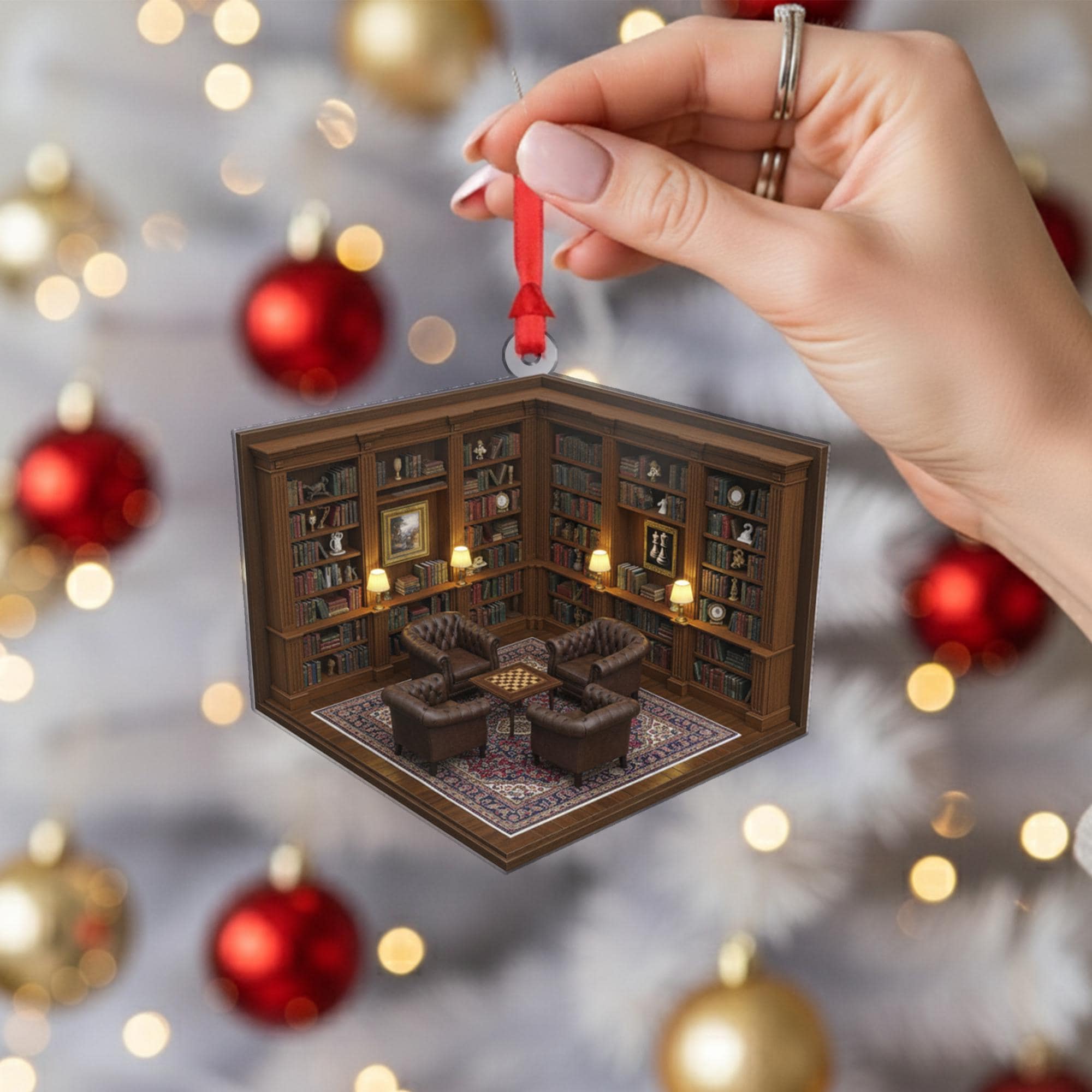 Library Room Ornament – Book Lover Christmas Tree Decoration, Mini Study Acrylic Ornament