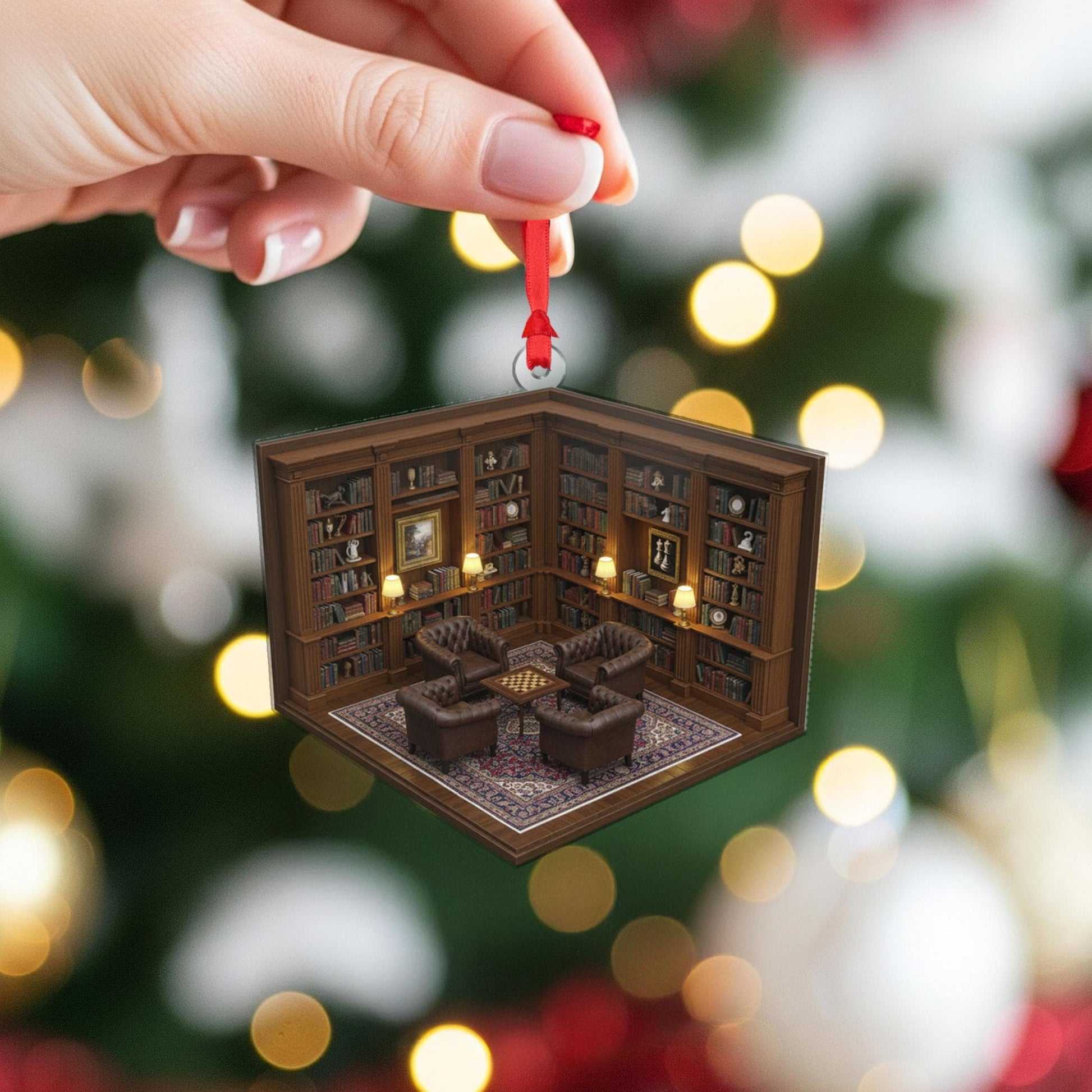 Library Room Ornament – Book Lover Christmas Tree Decoration, Mini Study Acrylic Ornament