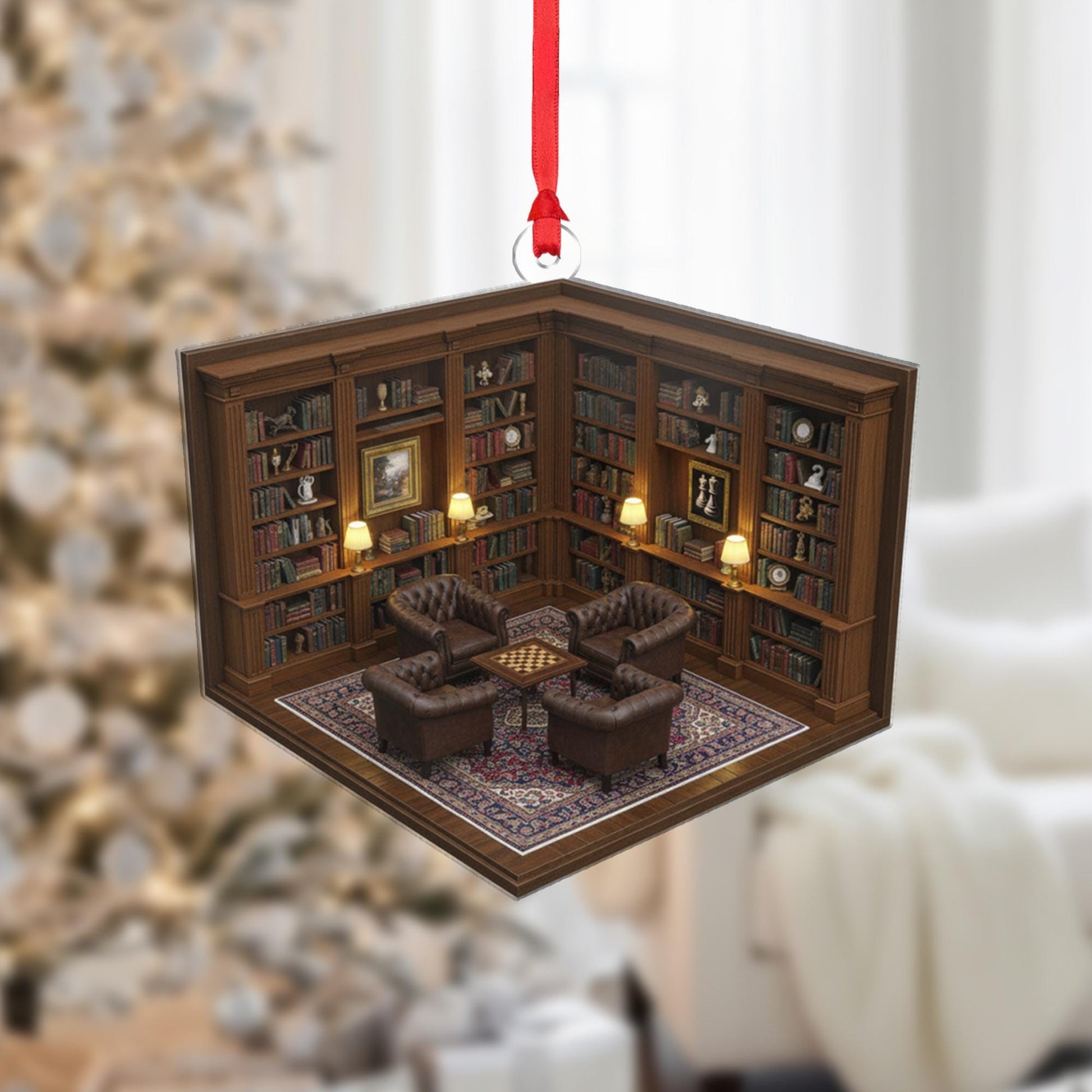 Library Room Ornament – Book Lover Christmas Tree Decoration, Mini Study Acrylic Ornament