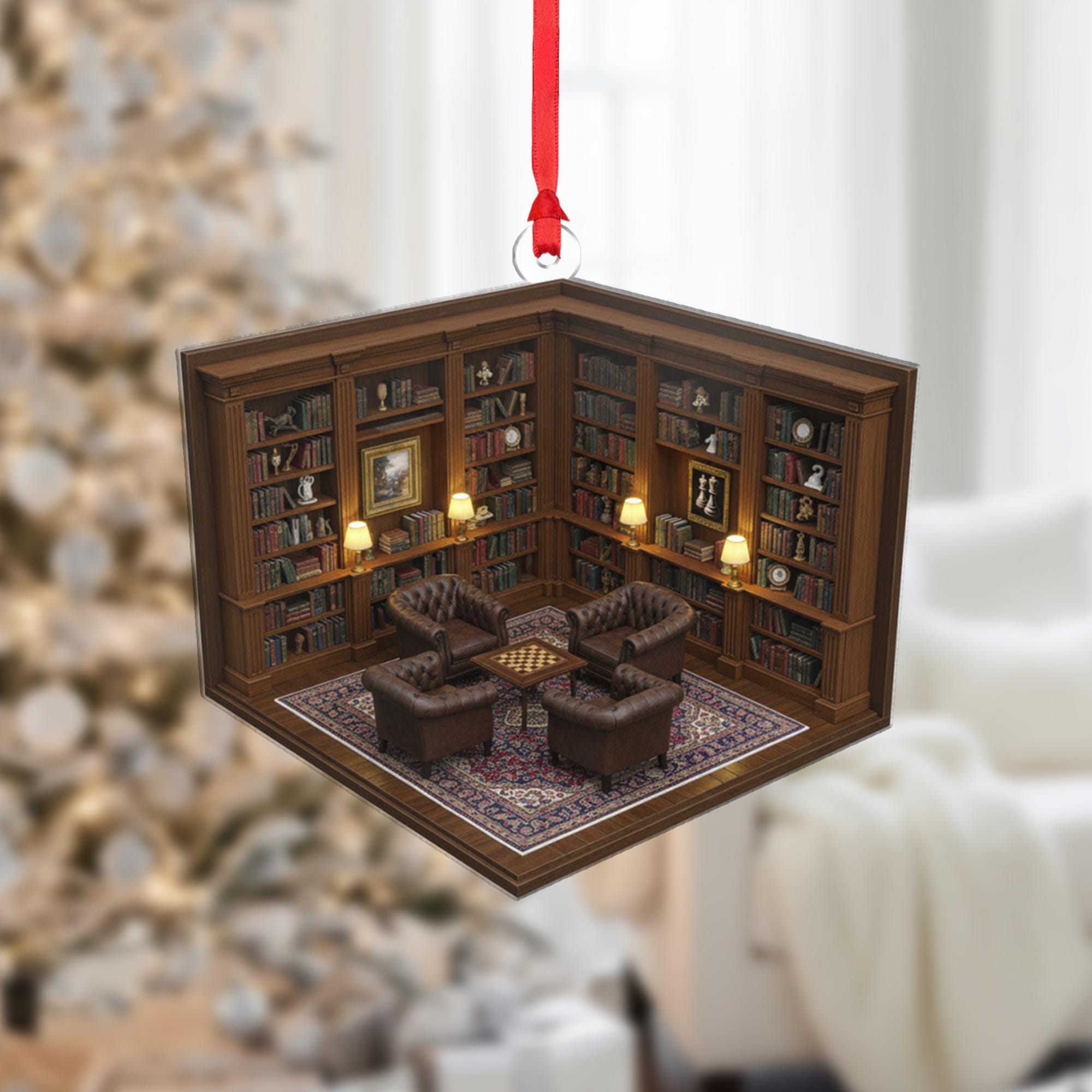 Library Room Ornament – Book Lover Christmas Tree Decoration, Mini Study Acrylic Ornament