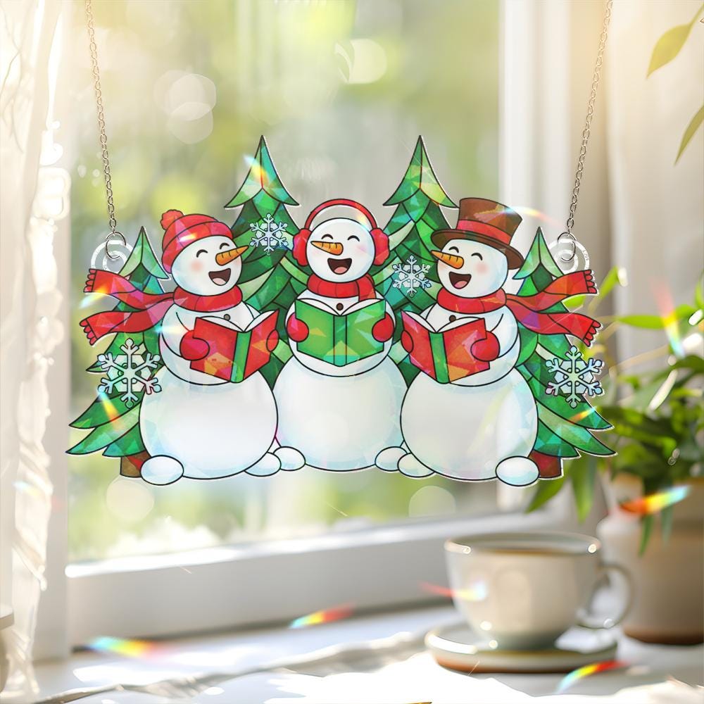 Snowman Choir Window Hanging – Festive Christmas Suncatcher Holiday Home Decor image 1