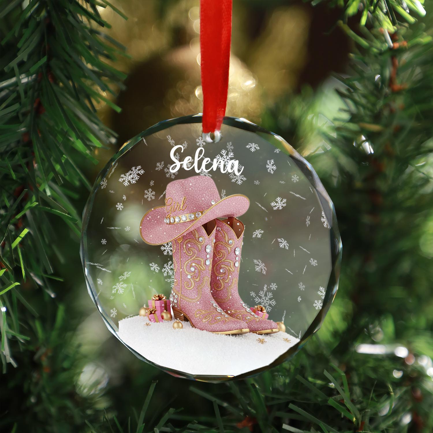 Personalized Cowgirl Ornament – Pink Western Boots Christmas Decoration Gift image 2