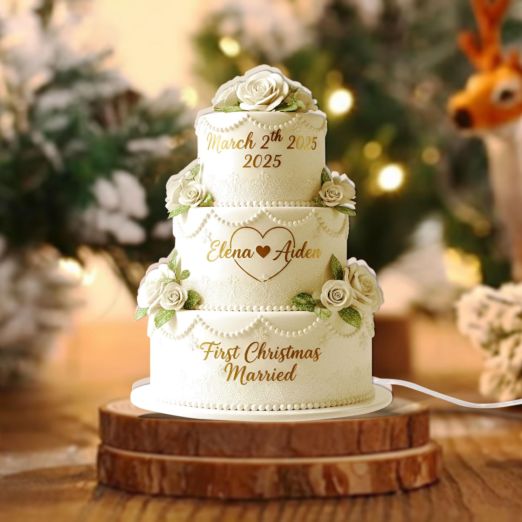Personalized Wedding Cake Light Box: First Christmas Married 2025, Custom Couple Name & Date image 1