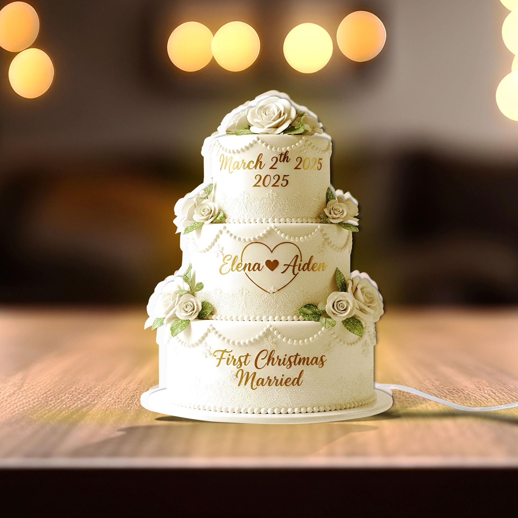 Personalized Wedding Cake Light Box: First Christmas Married 2025, Custom Couple Name & Date image 2