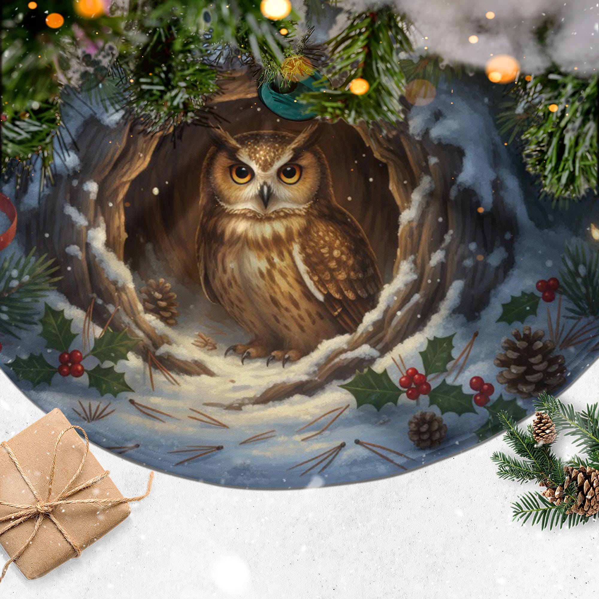 Christmas Tree Skirt: Owl in Snow Hollow, Pine Branch Border image 1