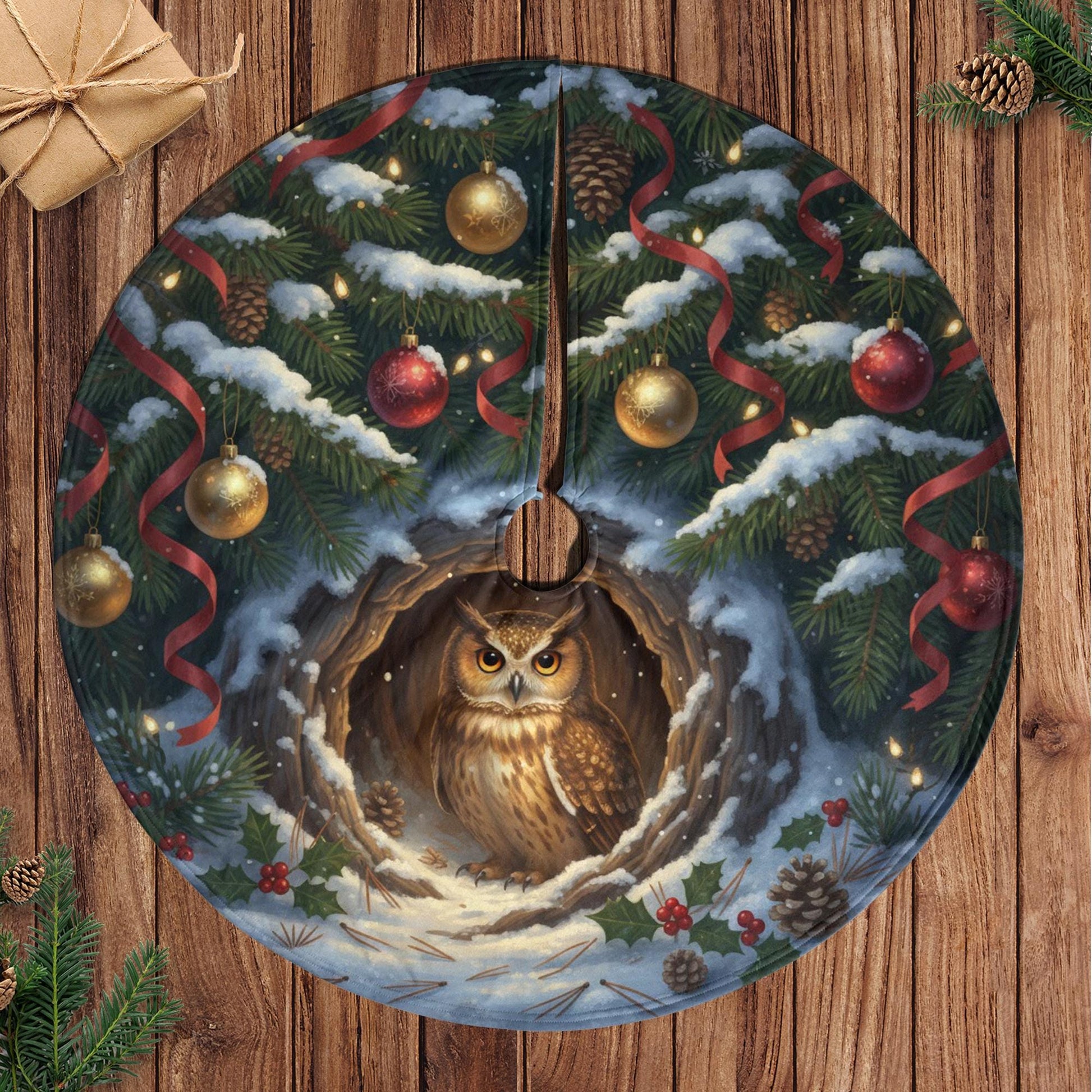 Christmas Tree Skirt: Owl in Snow Hollow, Pine Branch Border image 4