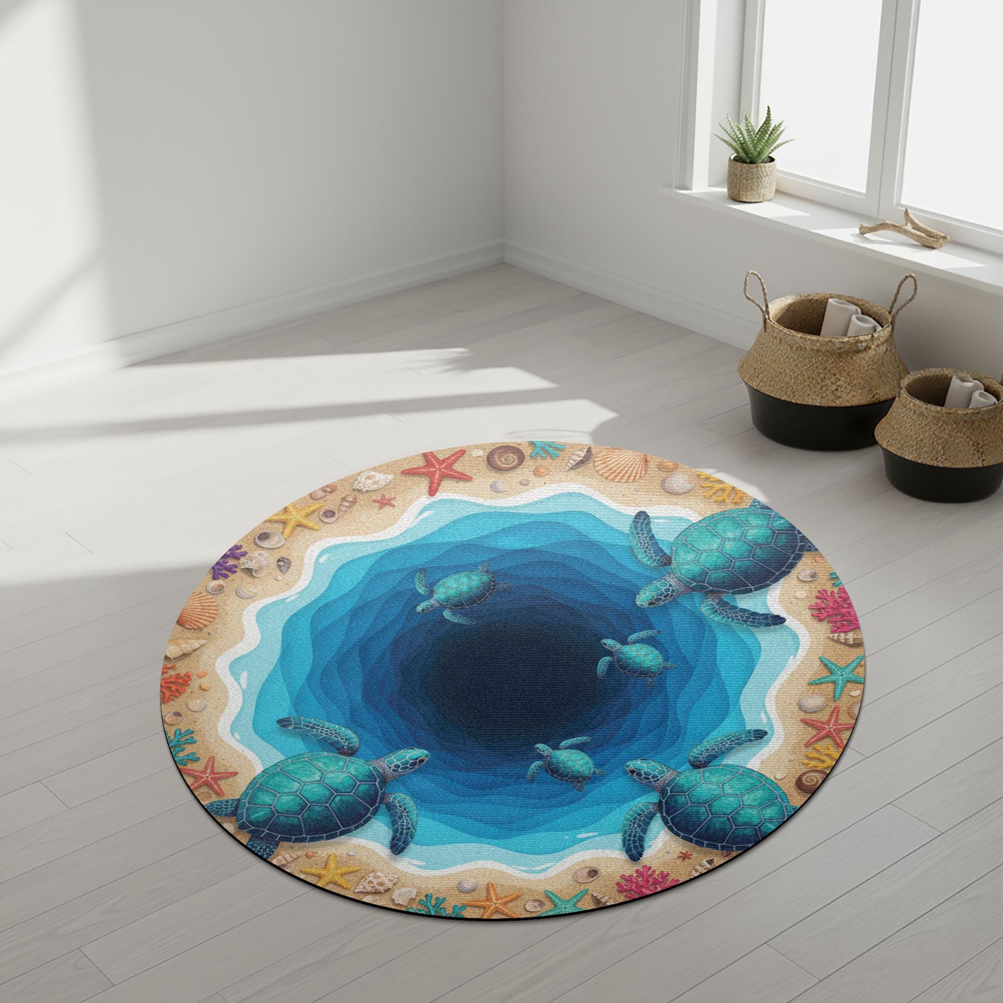 Round Sea Turtle Rug – Ocean Blue Turtle Print Floor Mat image 1