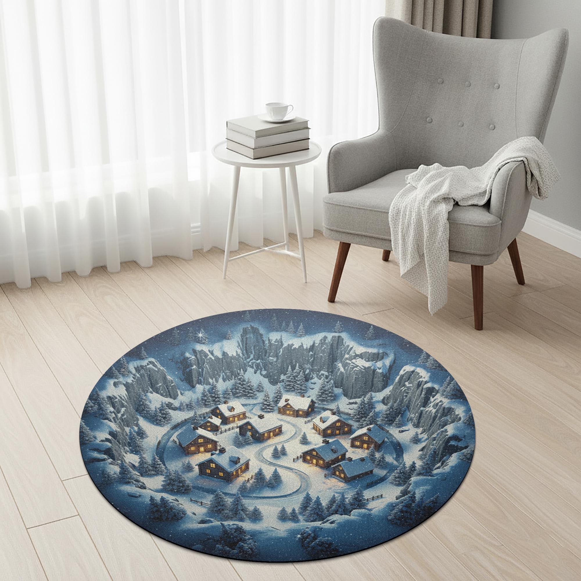 Winter Village Round Rug – Snowy Mountain Cabins Holiday Decor image 4