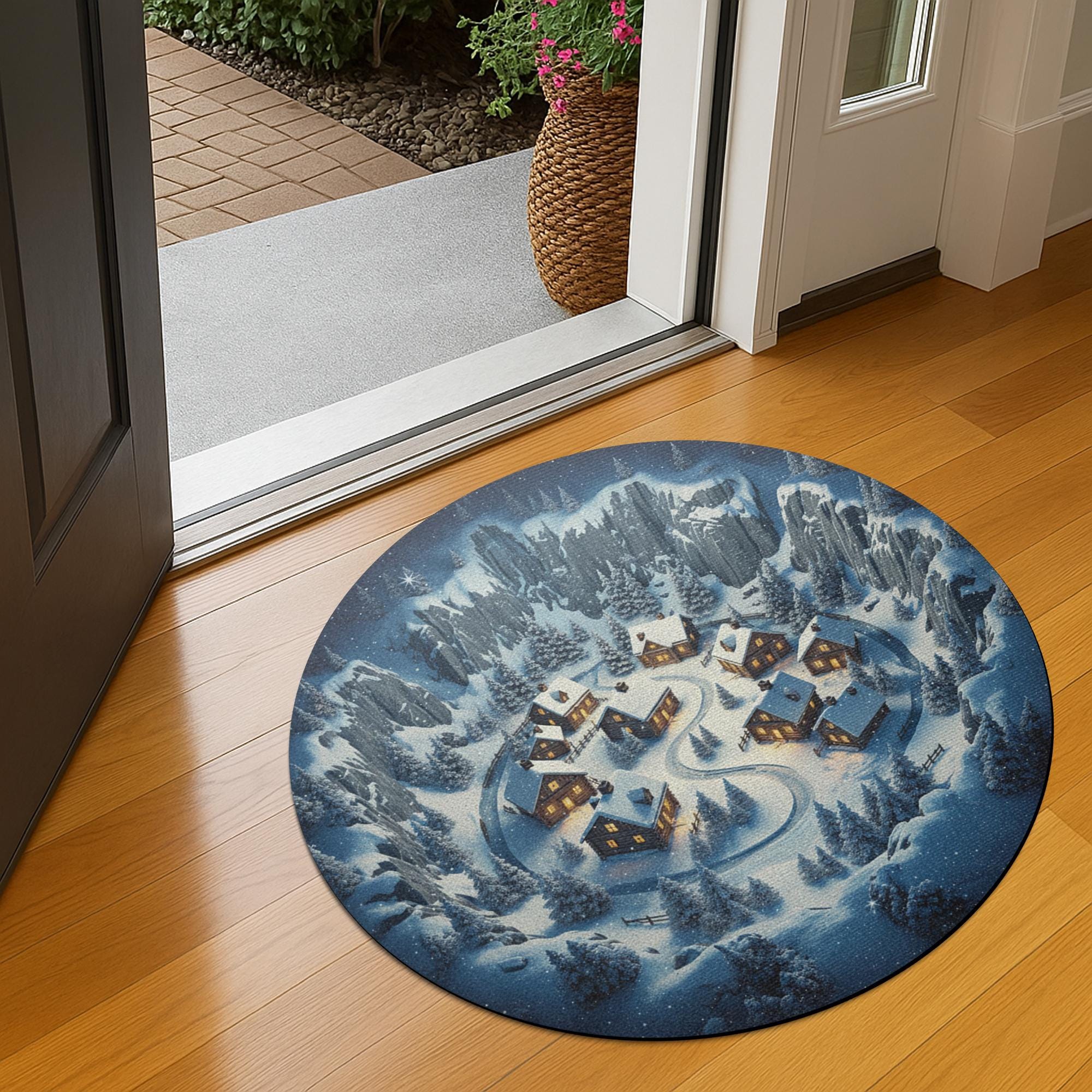 Winter Village Round Rug – Snowy Mountain Cabins Holiday Decor image 5