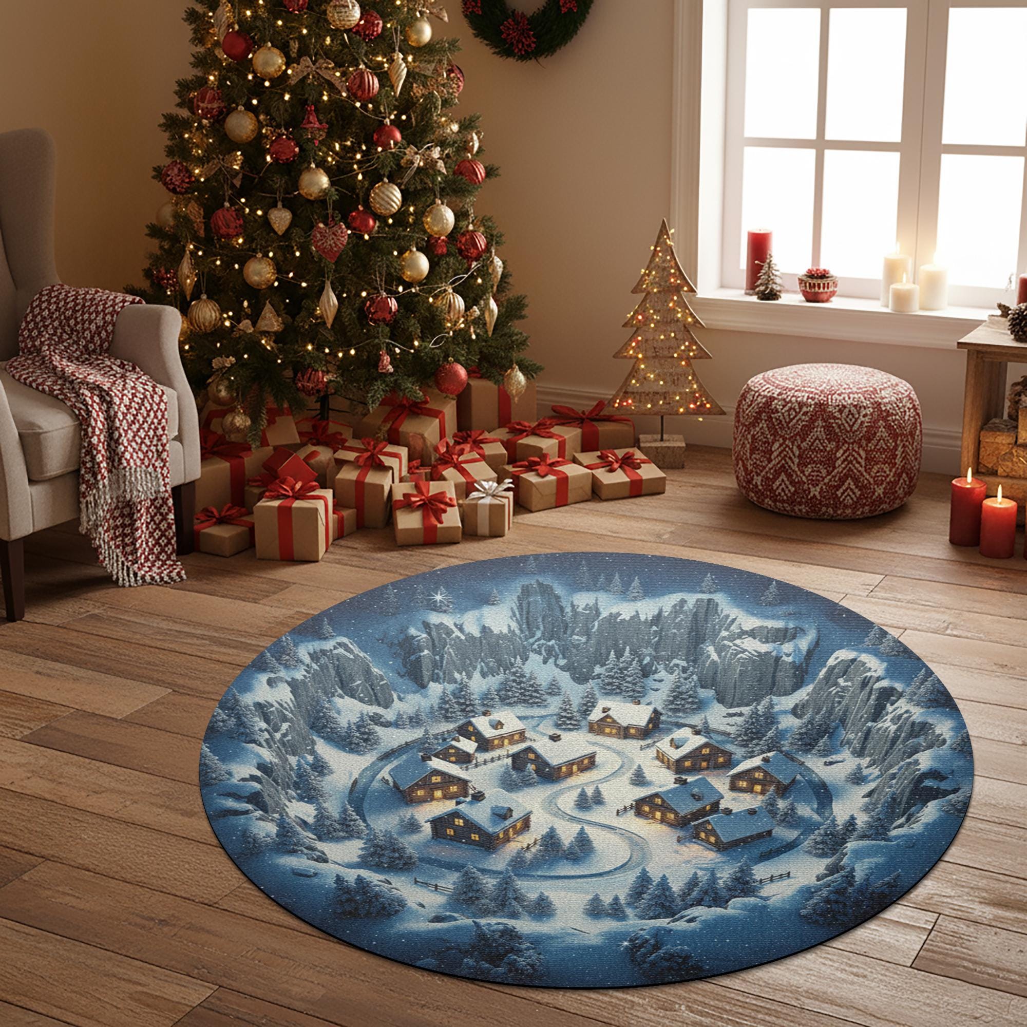 Winter Village Round Rug – Snowy Mountain Cabins Holiday Decor image 1