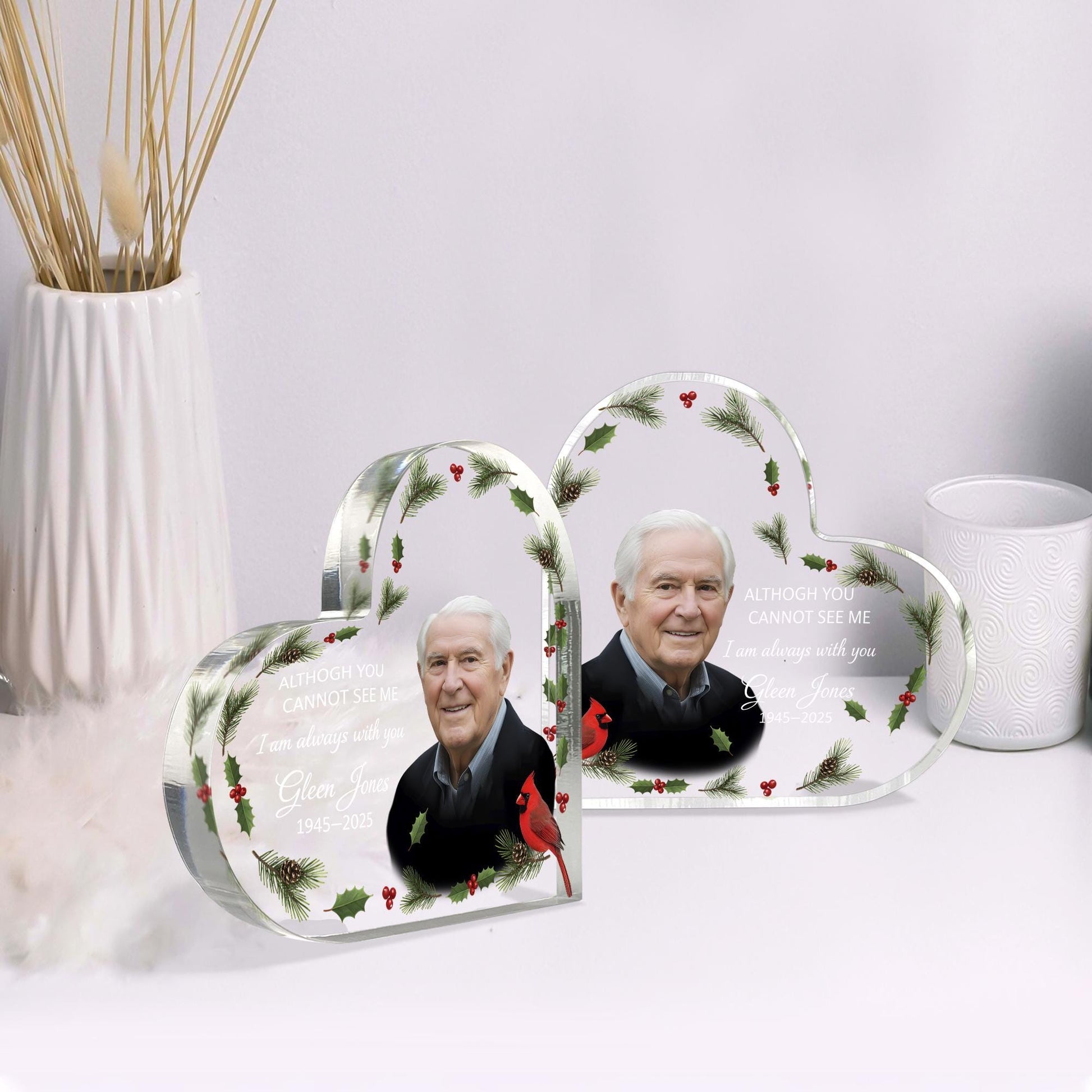 Personalized Acrylic Plaque: Memorial Heart Design, Cardinal and Pine Accents image 3