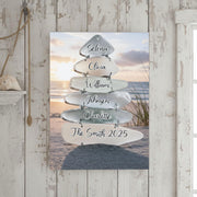 Personalized Beach Sunset Family Canvas: Sea Glass Wall Art, Custom Names, Coastal Home Decor