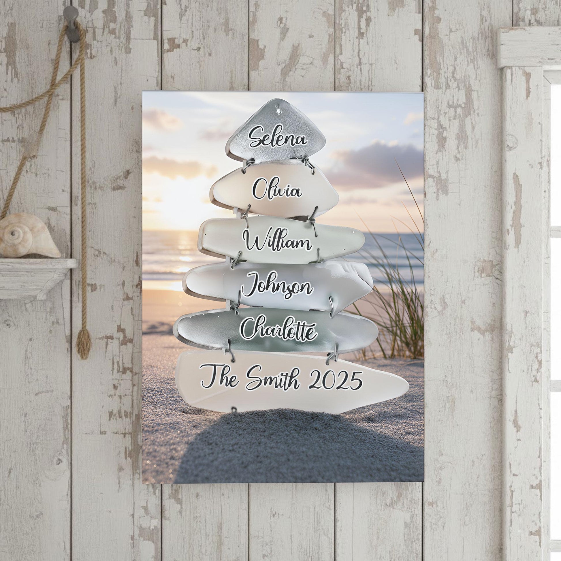 Personalized Beach Sunset Family Canvas: Sea Glass Wall Art, Custom Names, Coastal Home Decor