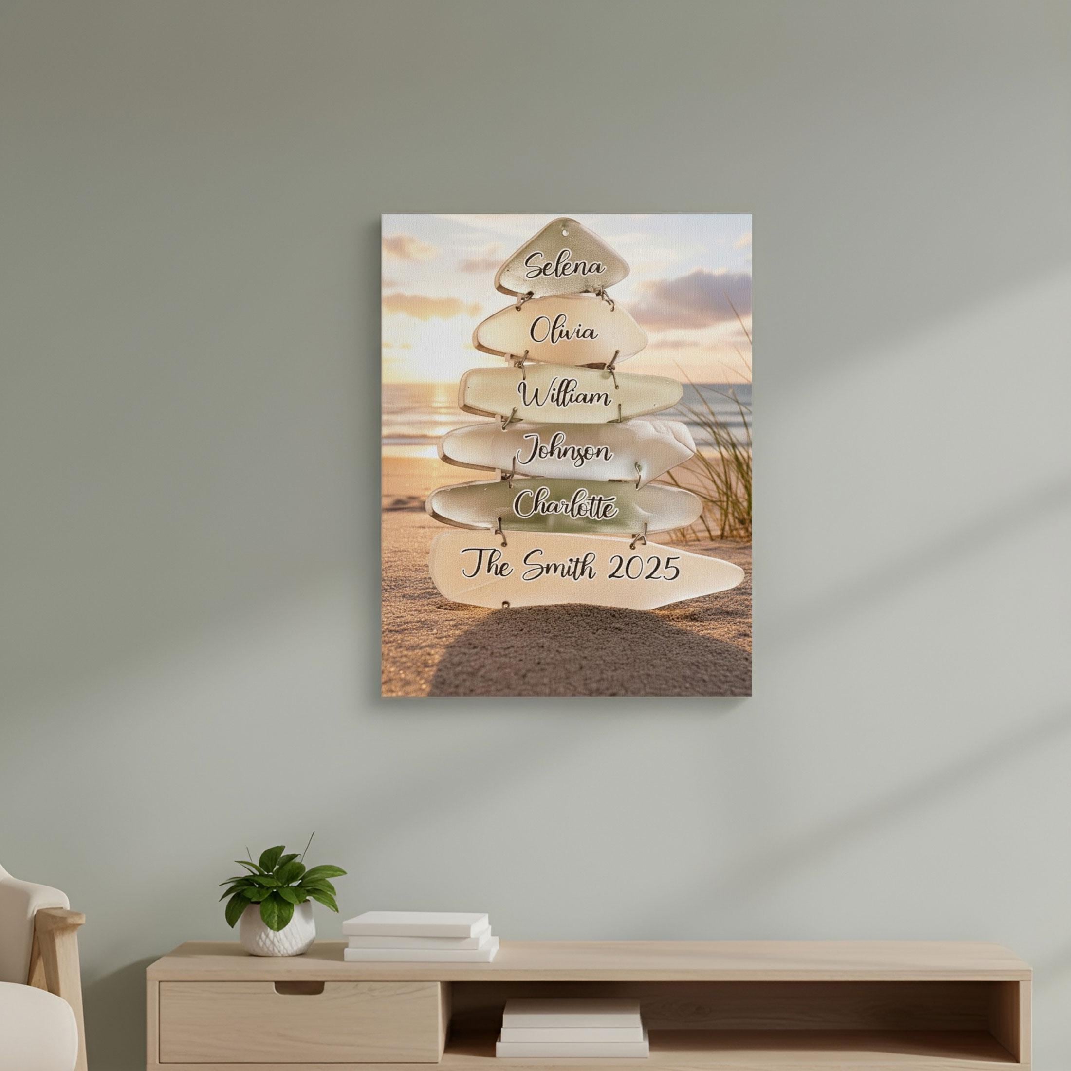 Personalized Beach Sunset Family Canvas: Sea Glass Wall Art, Custom Names, Coastal Home Decor