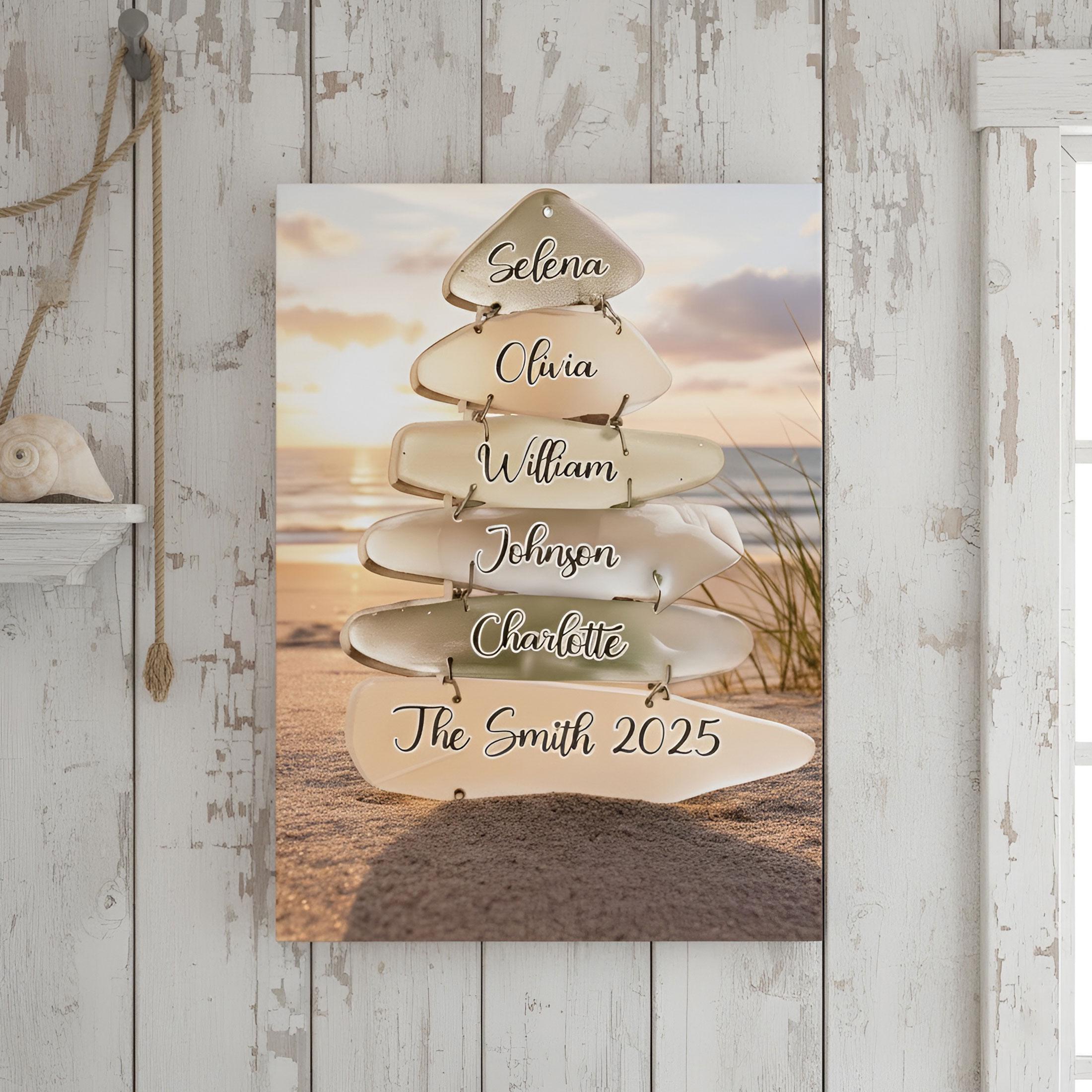 Personalized Beach Sunset Family Canvas: Sea Glass Wall Art, Custom Names, Coastal Home Decor